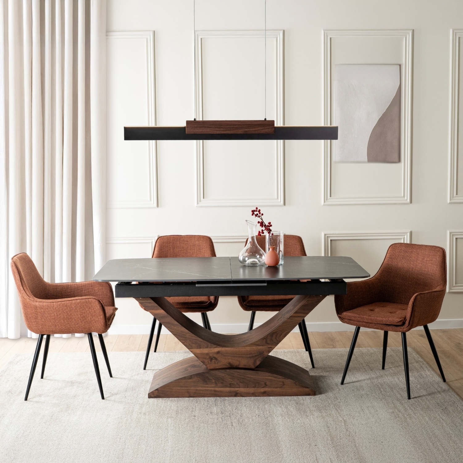 Zestaw Stół Rozkładany Ceramiczny ALICANTE 160-200 cm Czarny/Orzech i 4 Krzesła Tapicerowane EDRICK Rude ALICANTE/CZ/O/S160-200/EDRICK/RD/CZ/T/Z4/K