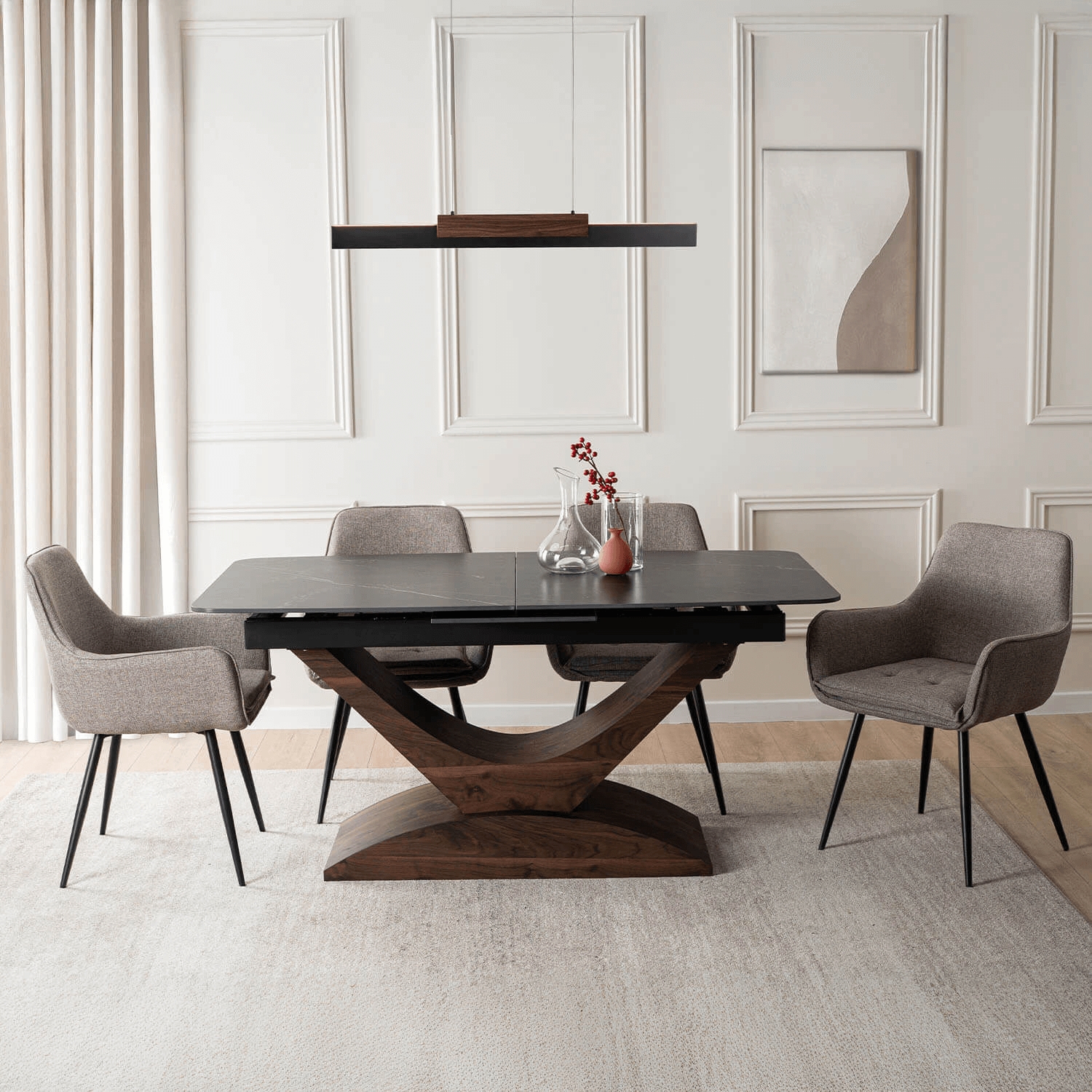 Zestaw Stół Rozkładany Ceramiczny ALICANTE 160-200 cm Czarny/Orzech i 4 Krzesła Tapicerowane EDRICK Brązowe ALICANTE/CZ/O/S160-200/EDRICK/BR/CZ/T/Z4/K