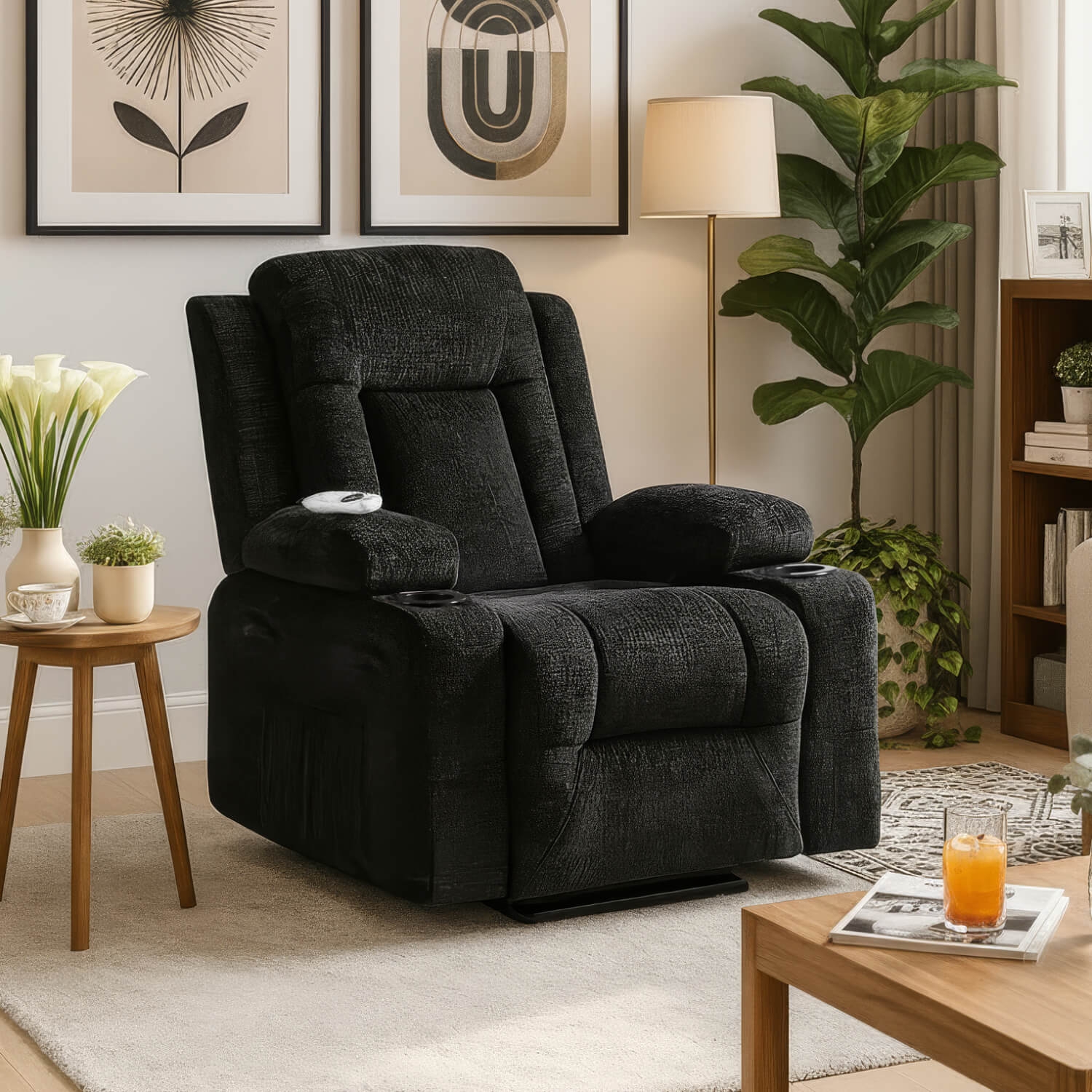 Fotel Masujący BOX Rozkładany Wypoczynkowy z Podnóżkiem Czarny Welurowy Nowoczesny ME.BOX/CZ/V/FW