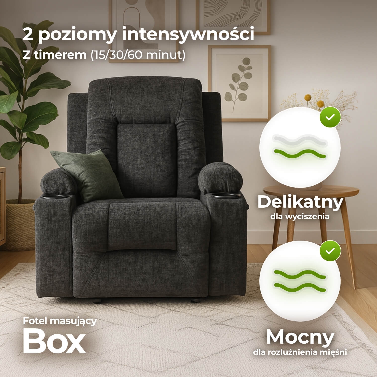 Fotel Masujący BOX Rozkładany Wypoczynkowy z Podnóżkiem Czarny Welurowy Nowoczesny ME.BOX/CZ/V/FW