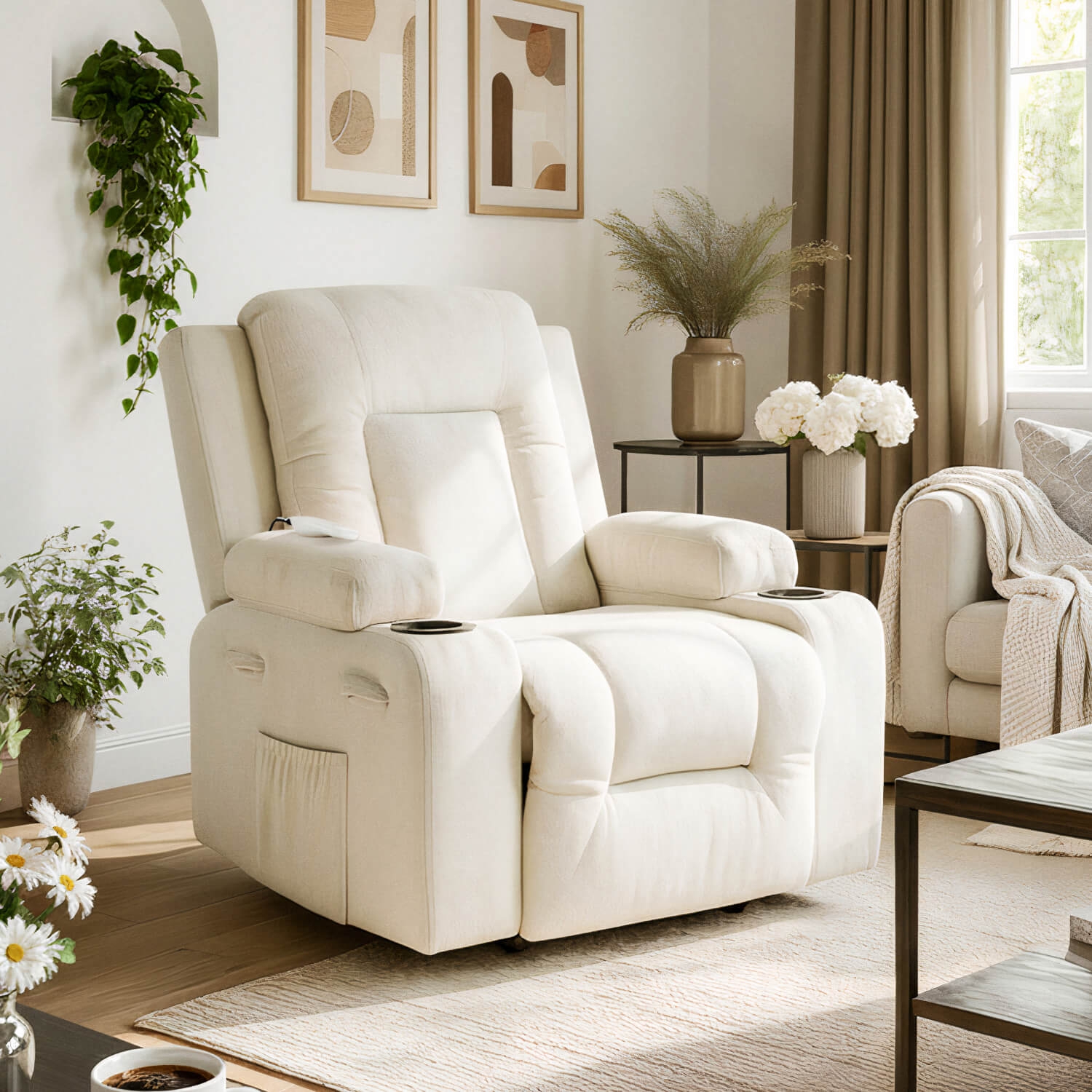 Fotel Masujący BOX 2 Rozkładany z Podnóżkiem Kremowy Nowoczesny ME.BOX2/BZ/T/FW