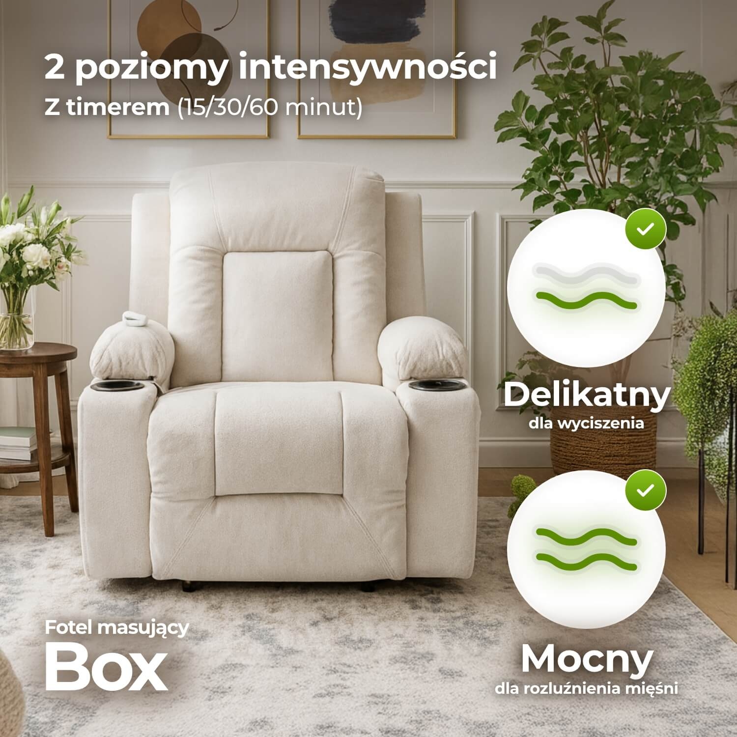 Fotel Masujący BOX 2 Rozkładany z Podnóżkiem Kremowy Nowoczesny ME.BOX2/BZ/T/FW