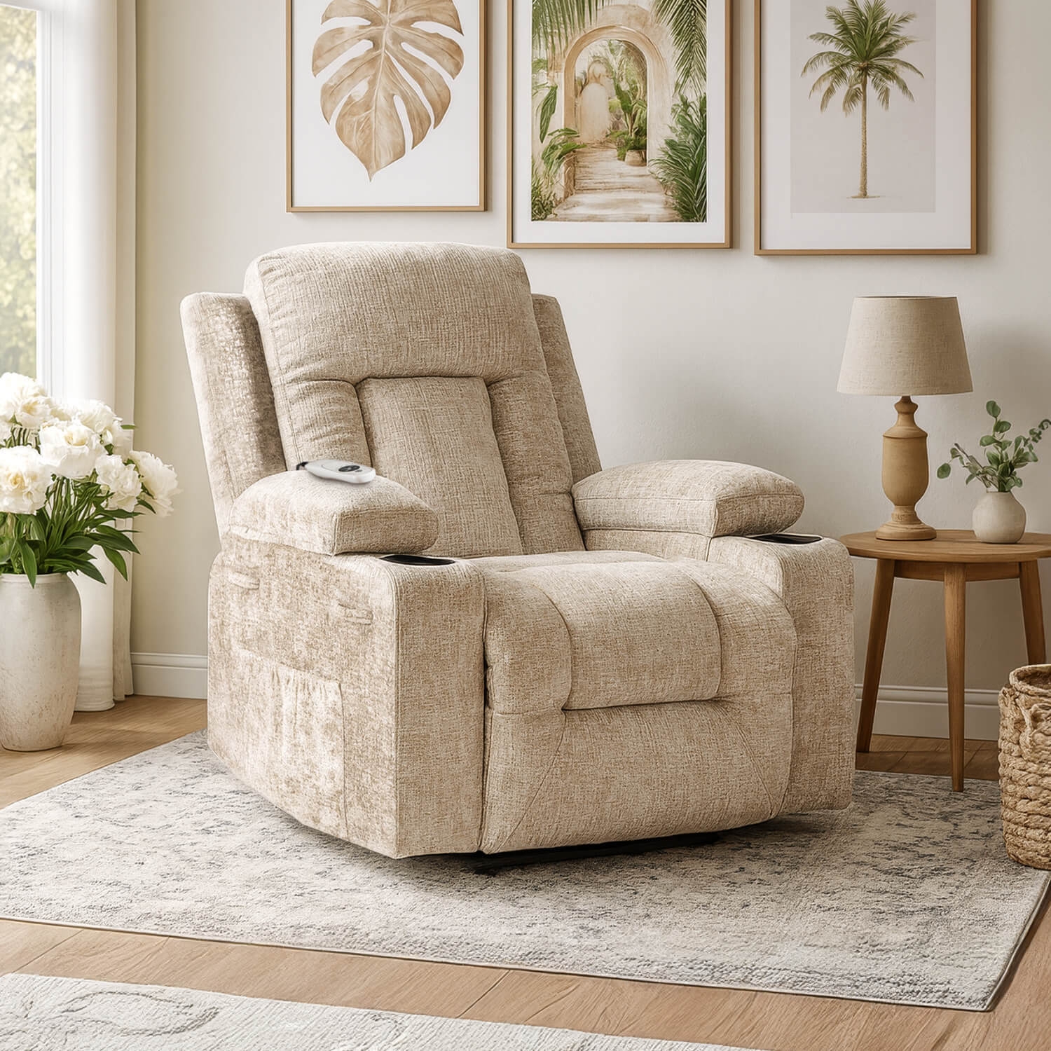 Fotel Masujący BOX Rozkładany Wypoczynkowy z Podnóżkiem Beżowy Welurowy Nowoczesny ME.BOX/BZ/V/FW