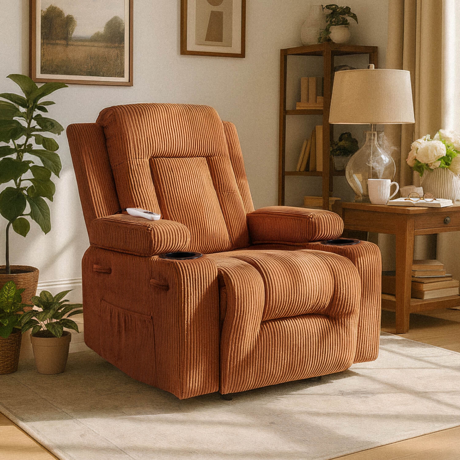 Fotel Masujący BOX Rozkładany Wypoczynkowy z Podnóżkiem Rudy Sztruksowy Nowoczesny ME.BOX2/BR/SZTR/FW