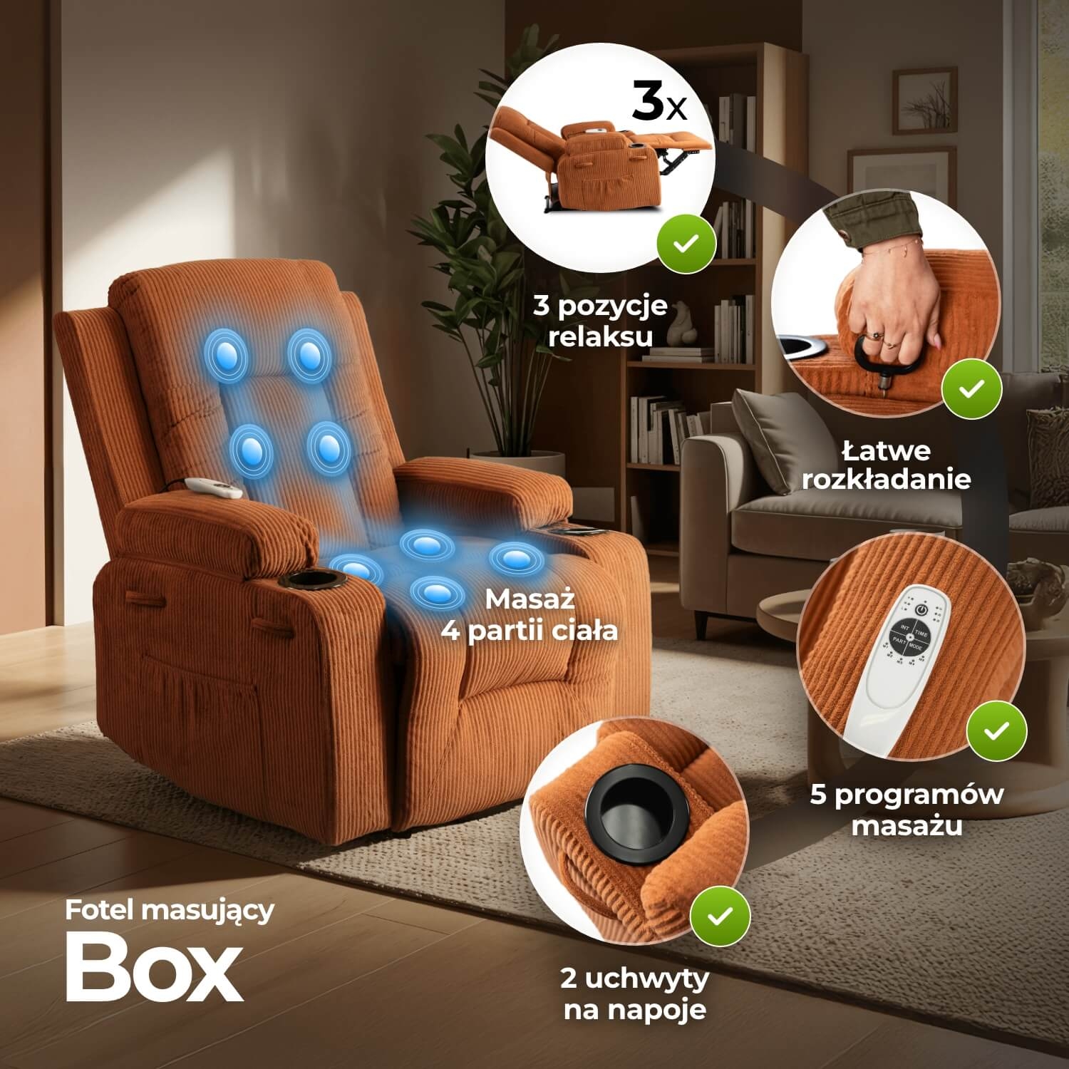Fotel Masujący BOX Rozkładany Wypoczynkowy z Podnóżkiem Rudy Sztruksowy Nowoczesny ME.BOX2/BR/SZTR/FW