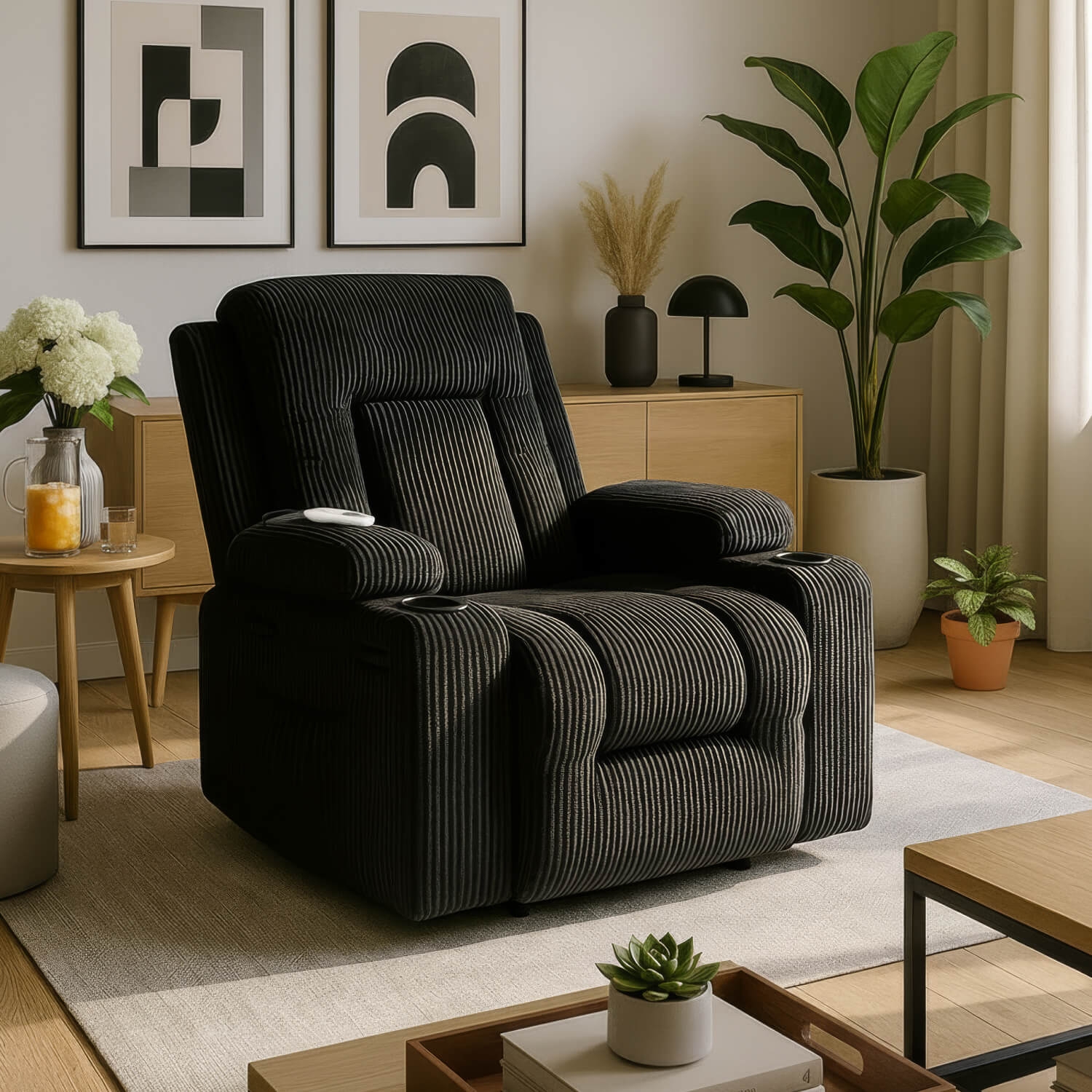 Fotel Masujący BOX Rozkładany Wypoczynkowy z Podnóżkiem Czarny Sztruksowy Nowoczesny ME.BOX2/CZ/SZTR/FW