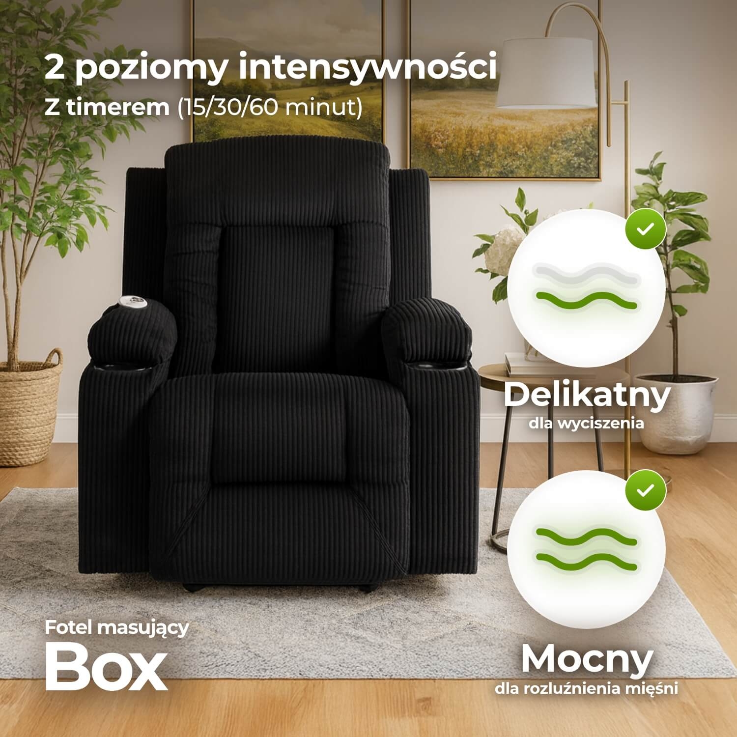Fotel Masujący BOX Rozkładany Wypoczynkowy z Podnóżkiem Czarny Sztruksowy Nowoczesny ME.BOX2/CZ/SZTR/FW