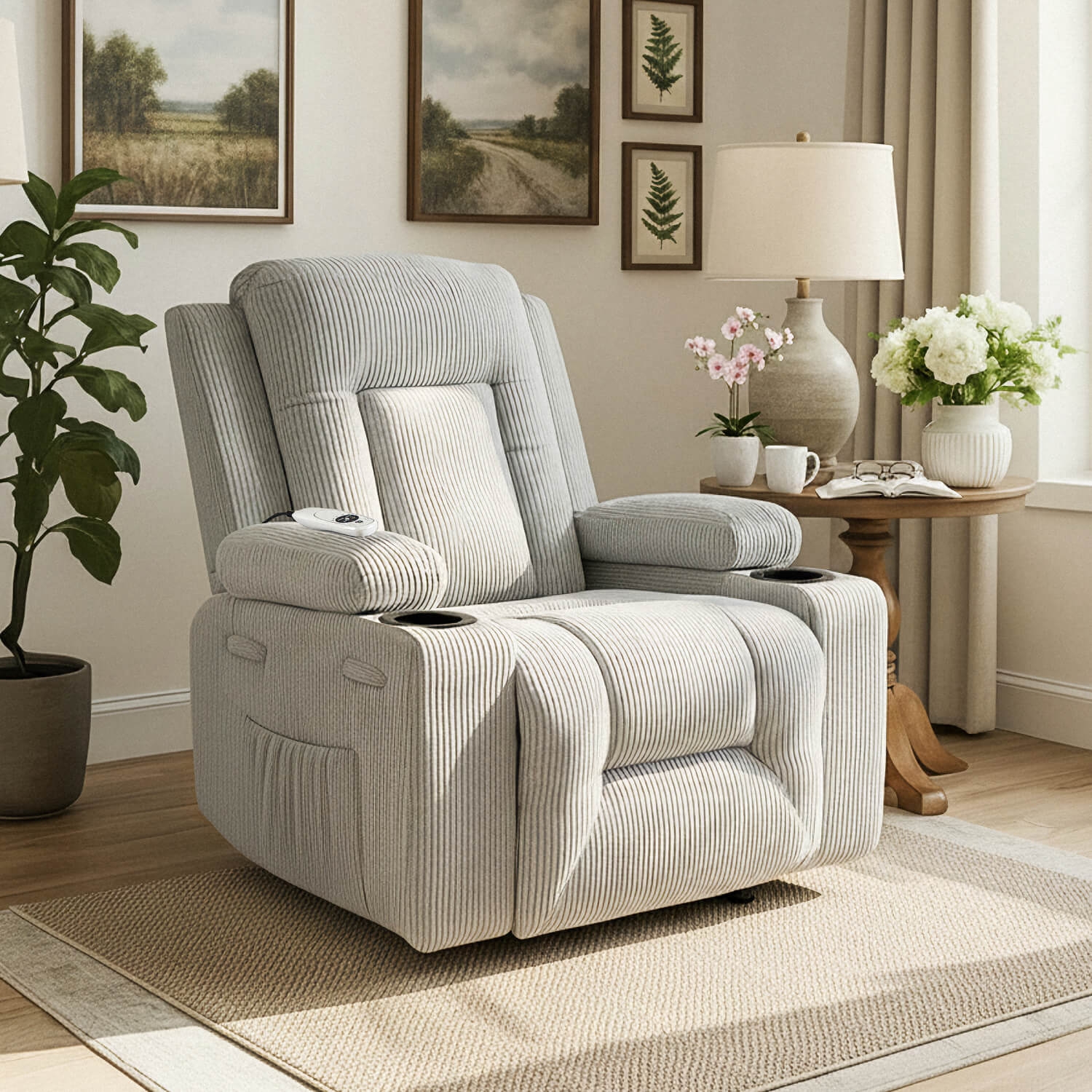 Fotel Masujący BOX Rozkładany Wypoczynkowy z Podnóżkiem Szary Sztruksowy Nowoczesny ME.BOX2/P/SZTR/FW