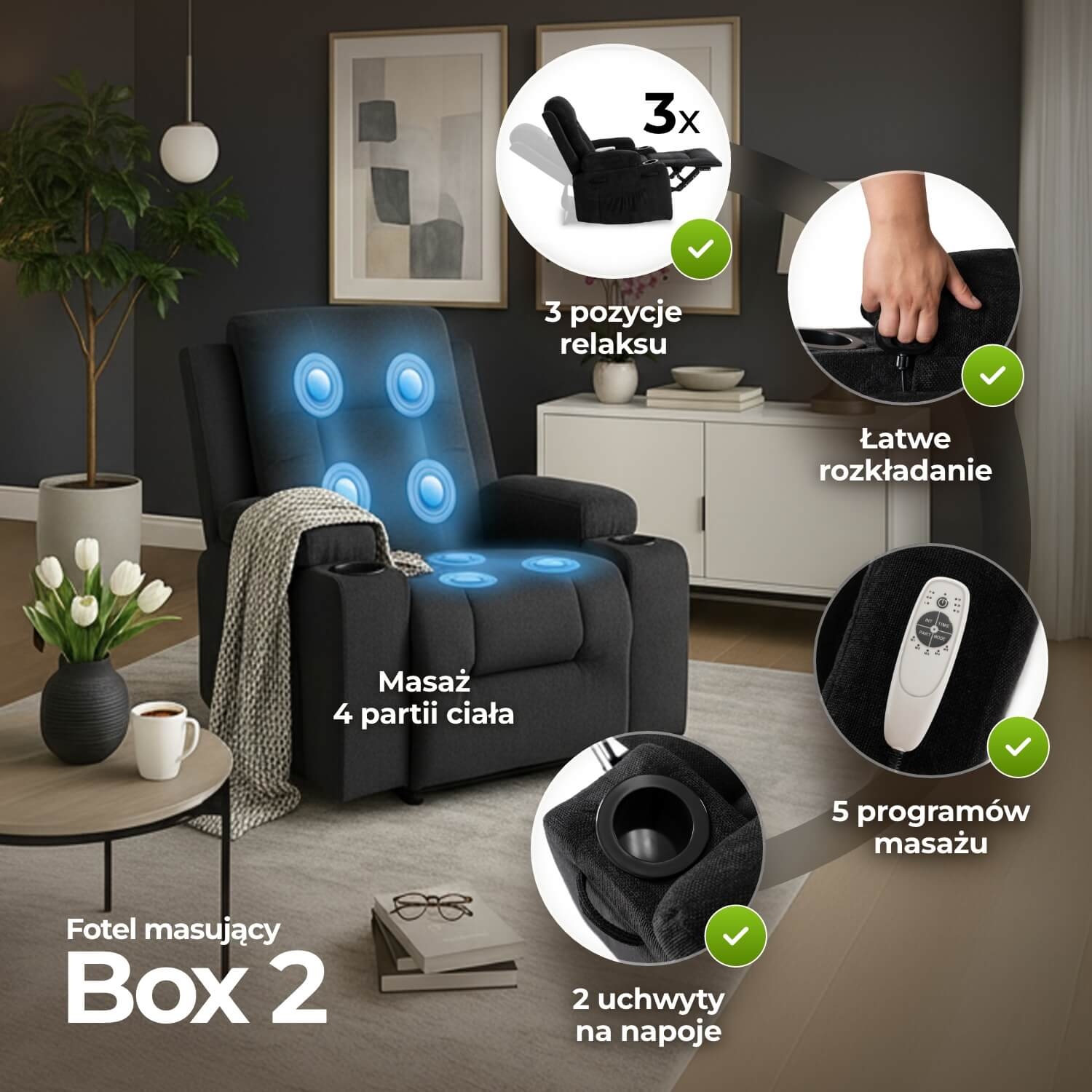 Fotel Masujący BOX 2 Rozkładany z Podnóżkiem Czarny Nowoczesny ME.BOX2/CZ/T/FW