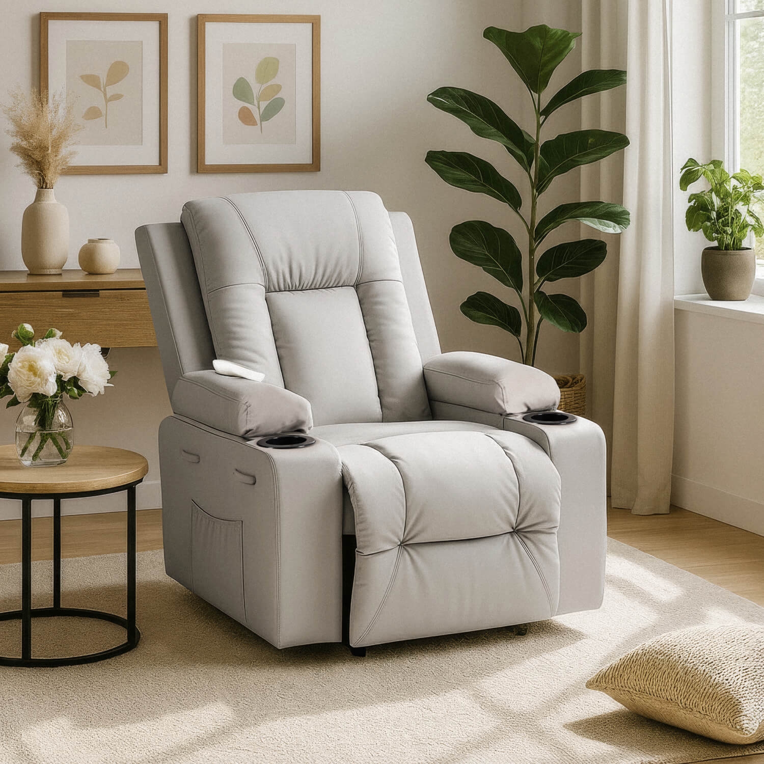 Fotel Masujący BOX Rozkładany Wypoczynkowy z Podnóżkiem Szary Ekoskóra Nowoczesny ME.BOX/P/E/FW