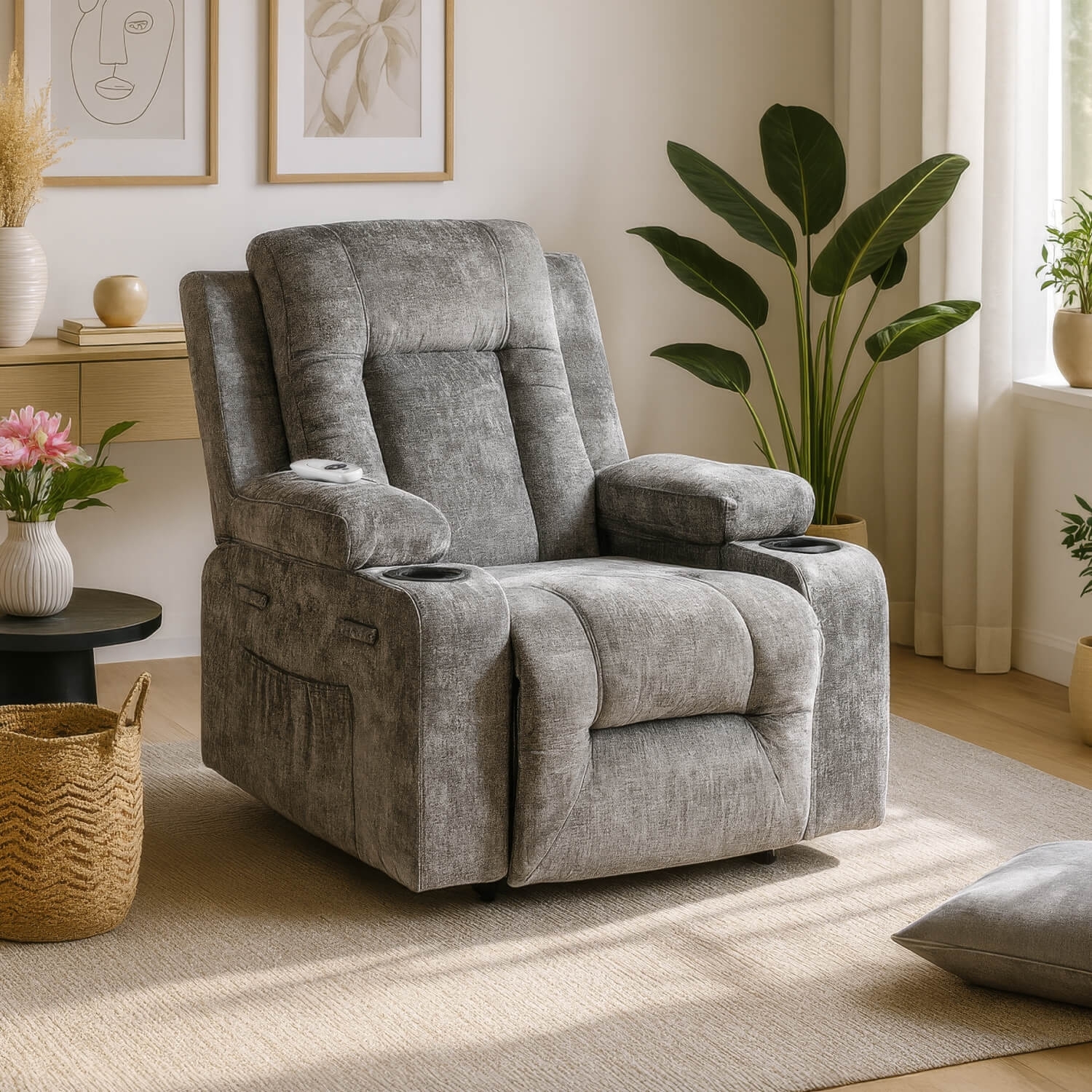 Fotel Masujący BOX Rozkładany Wypoczynkowy z Podnóżkiem Szary Welurowy Nowoczesny ME.BOX/P/V/FW