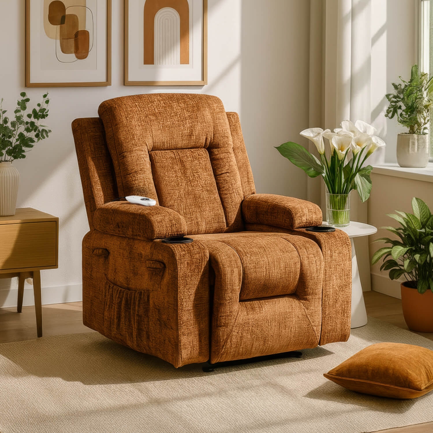 Fotel Masujący BOX Rozkładany Wypoczynkowy z Podnóżkiem Brązowy Welurowy Nowoczesny ME.BOX/BR/V/FW