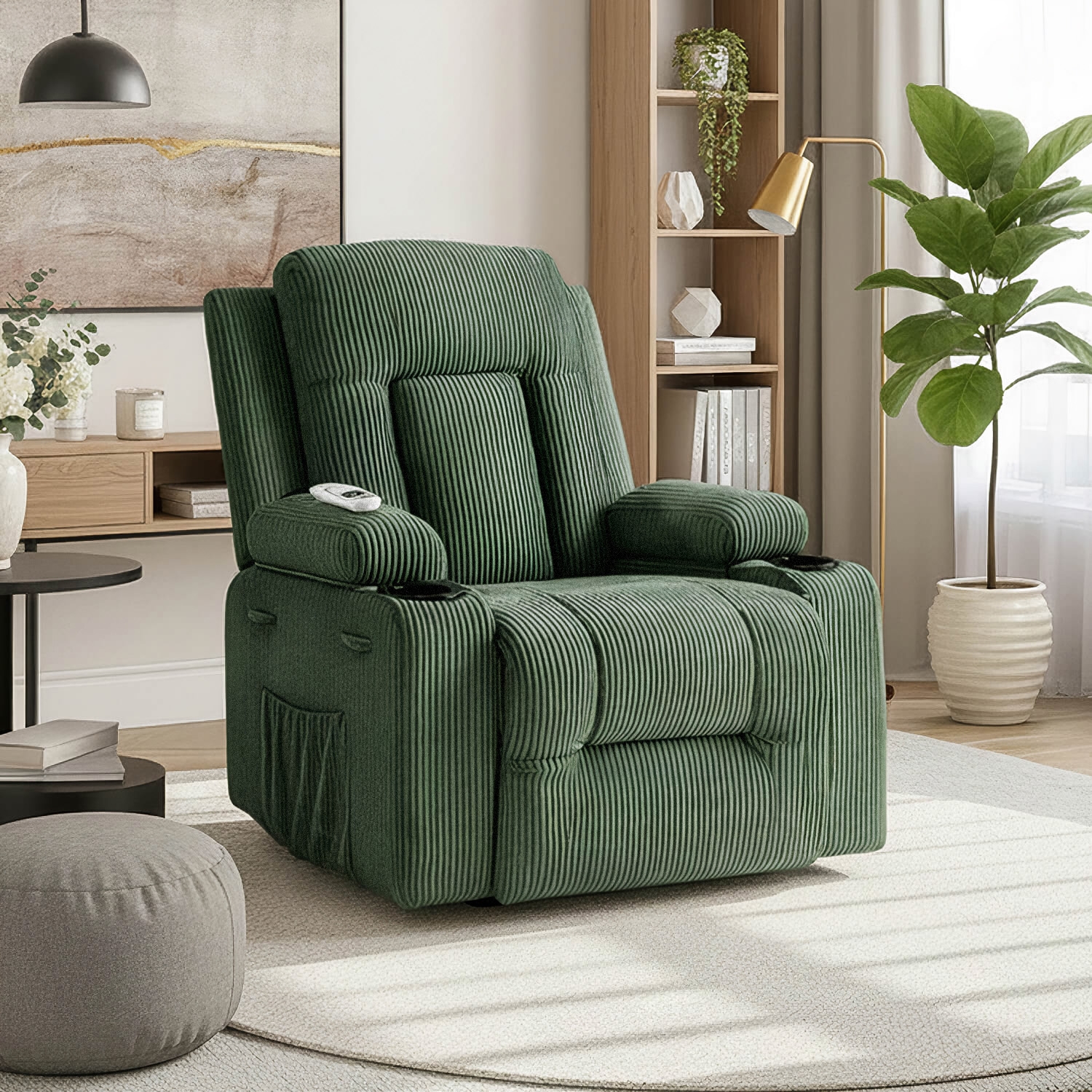 Fotel Masujący BOX Rozkładany Wypoczynkowy z Podnóżkiem Zielony Sztruksowy Nowoczesny ME.BOX2/Z/SZTR/FW