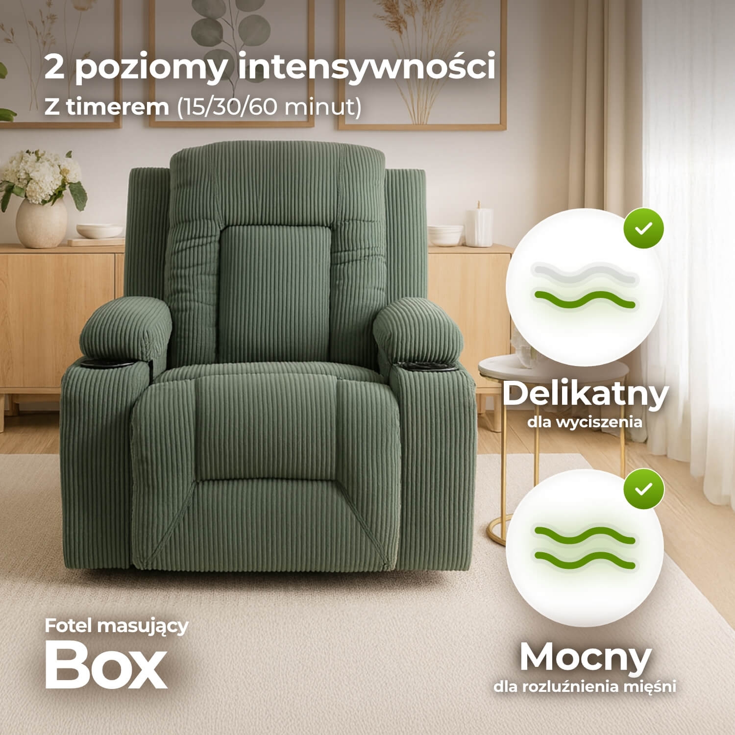 Fotel Masujący BOX Rozkładany Wypoczynkowy z Podnóżkiem Zielony Sztruksowy Nowoczesny ME.BOX2/Z/SZTR/FW