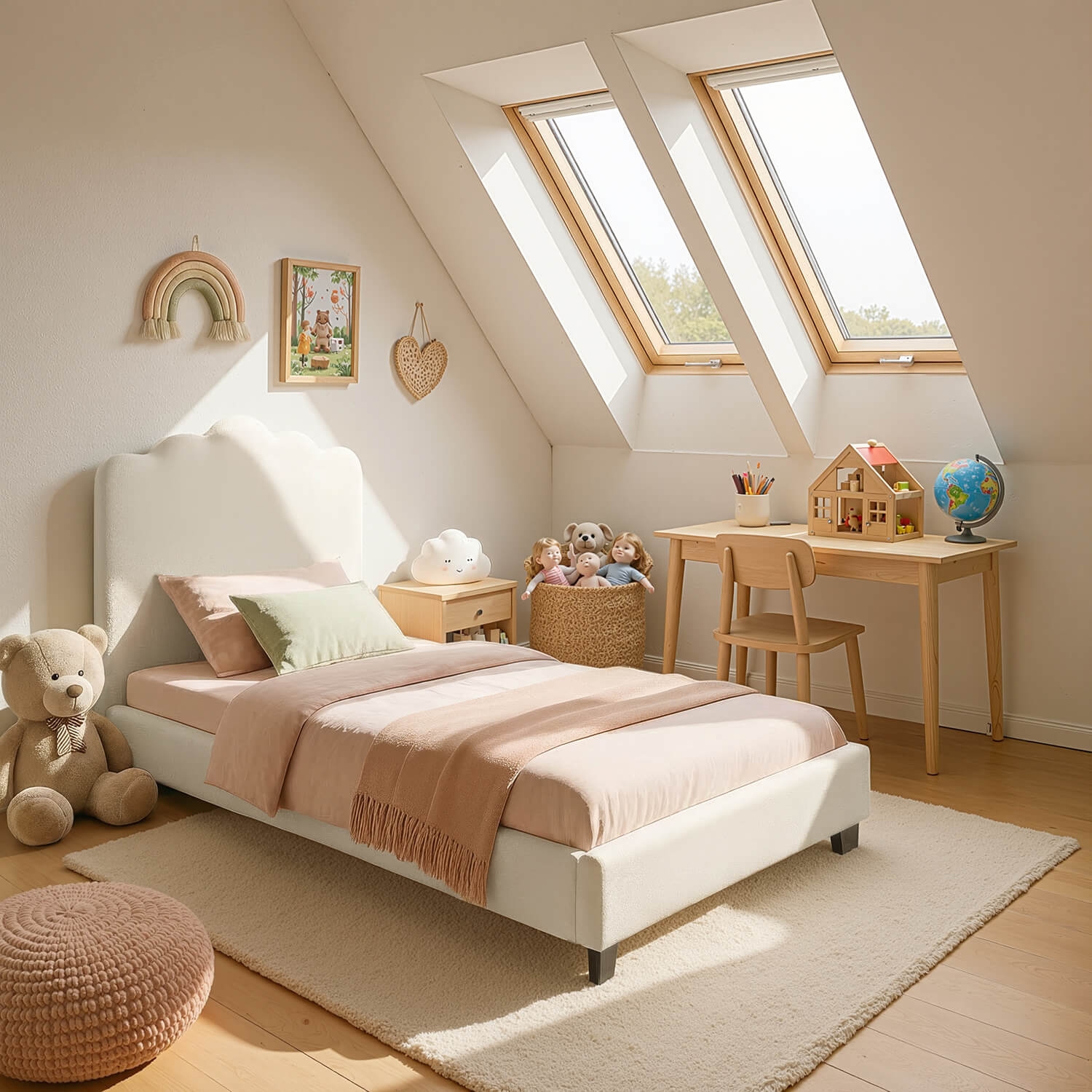 Łóżko Tapicerowane 90x200 cm CRATER ze Stelażem Młodzieżowe Boucle Kremowe ME.CRATER/90/KR/TB/LOZ