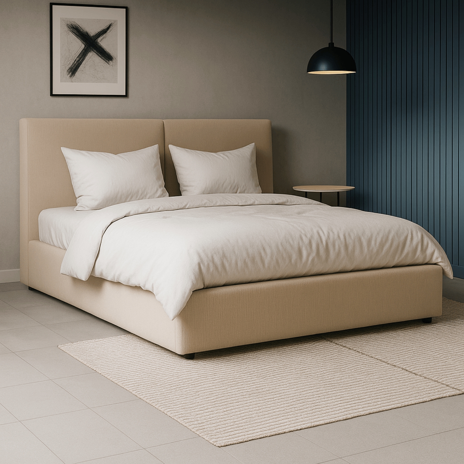 Łóżko Tapicerowane 140x200 cm MARSYLIA ze Stelażem i Pojemnikiem Dwuosobowe Sztruksowe Beżowe ME.MARSYLIA/140/BZ/SZTR/LOZZPOJ