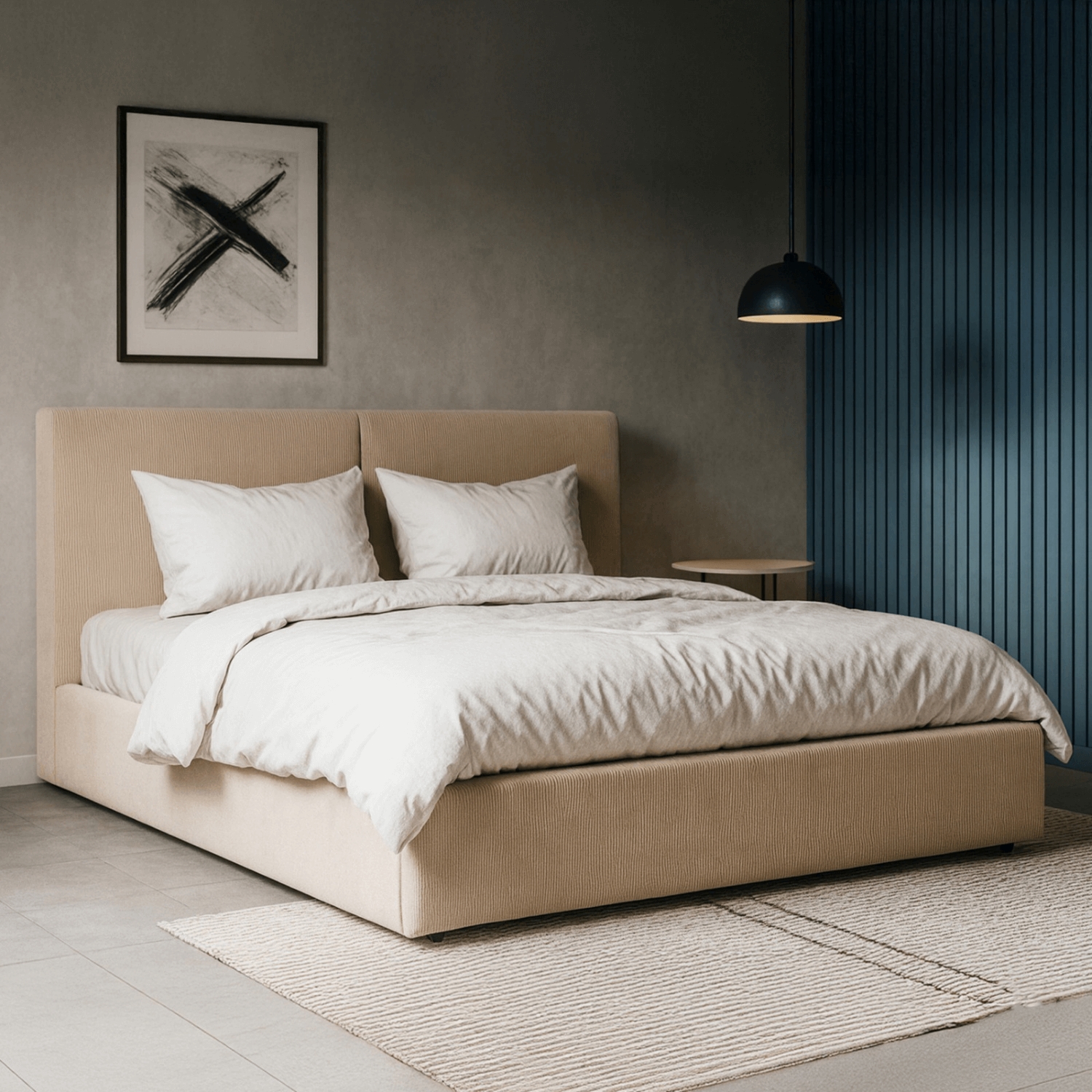 Łóżko Tapicerowane 160x200 cm MARSYLIA ze Stelażem i Pojemnikiem Dwuosobowe Sztruksowe Beżowe ME.MARSYLIA/160/BZ/SZTR/LOZZPOJ