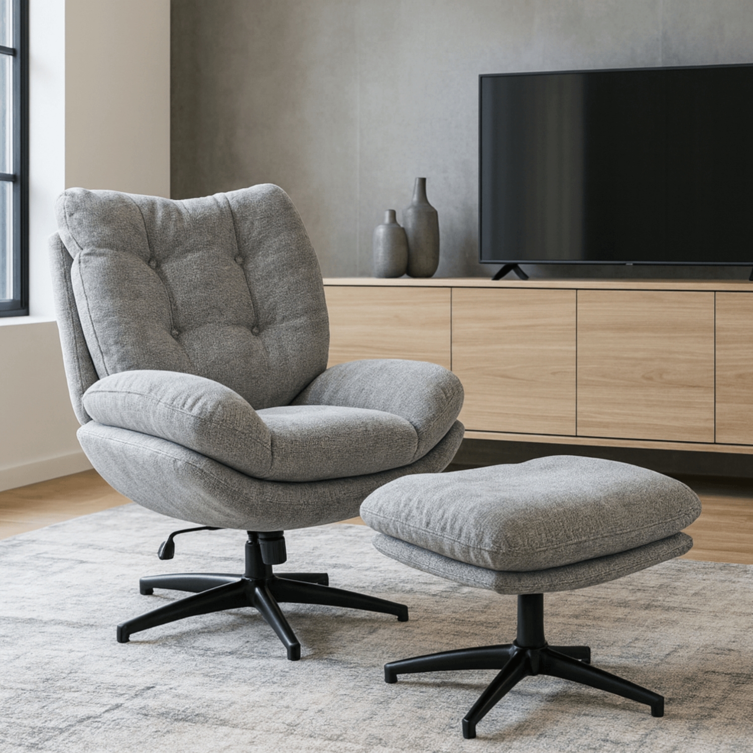 Fotel Wypoczynkowy Obrotowy FREMONT z Podnóżkiem Szary Nowoczesny ME.FREMONT/P/CZ/T/FW