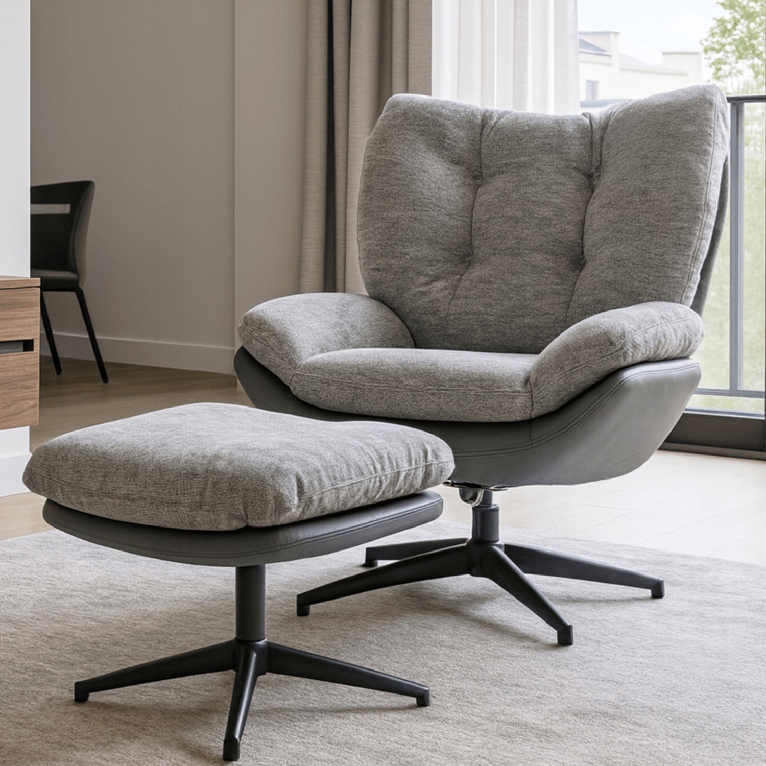 Fotel Wypoczynkowy Obrotowy FREMONT z Podnóżkiem Szary/Czarny Nowoczesny ME.FREMONT/P/T/P/E/CZ/FW