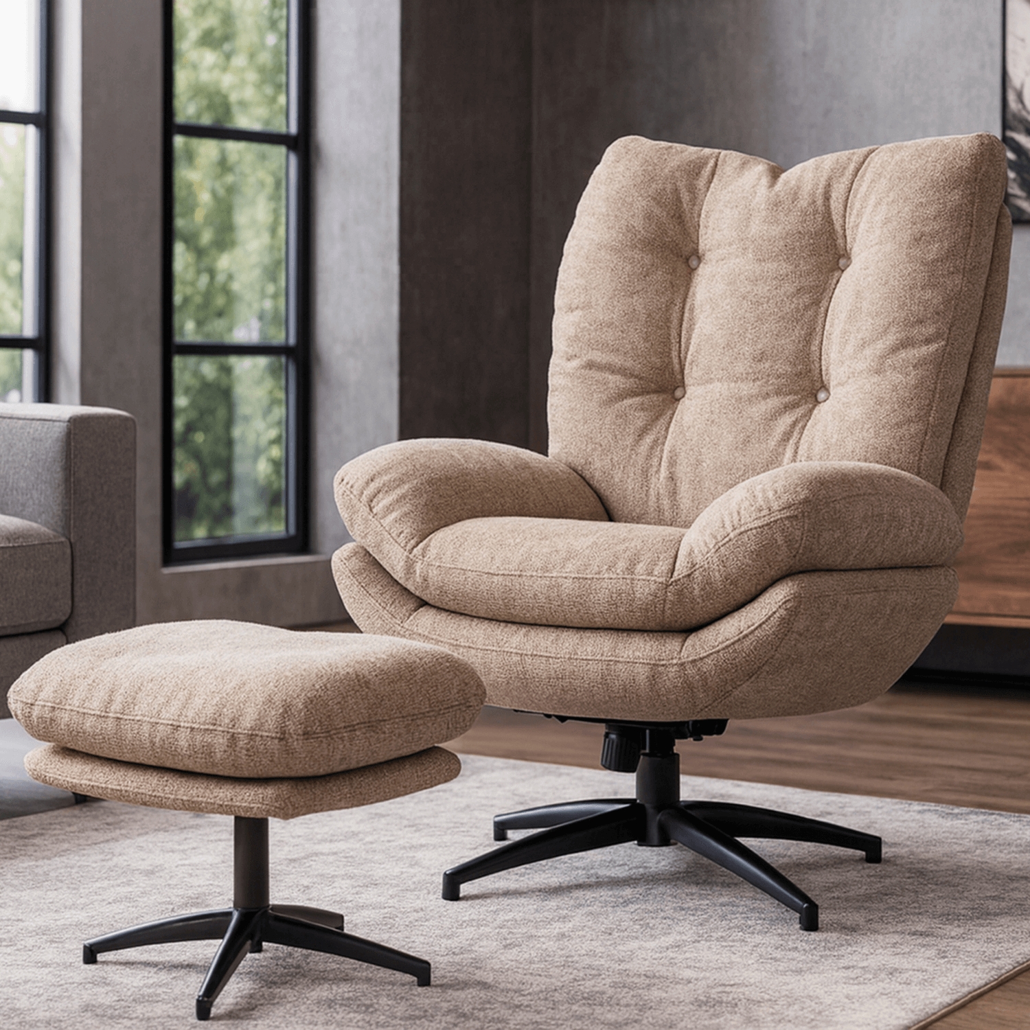 Fotel Wypoczynkowy Obrotowy FREMONT z Podnóżkiem Beżowy Nowoczesny ME.FREMONT/BZ/CZ/T/FW