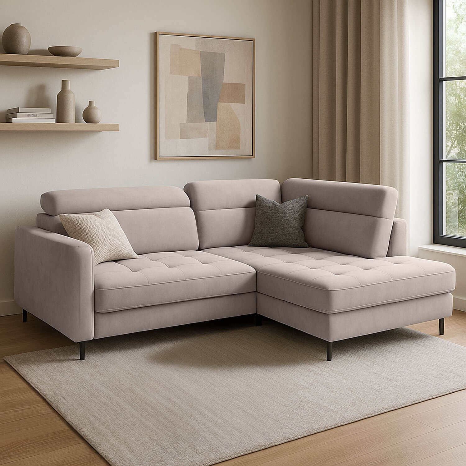 Narożnik z Funkcją Spania BAREA Rozkładany Prawostronny Chłodny Beż eltap.CO-BAR-RT-18SO