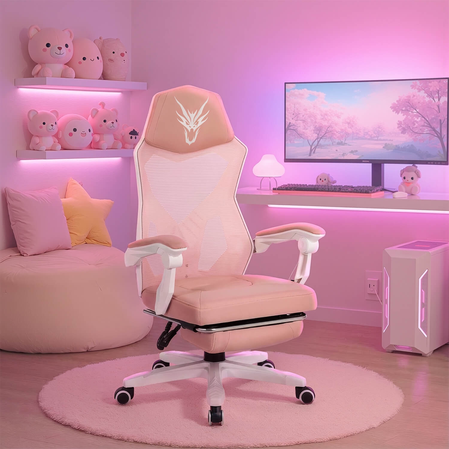 Fotel Gamingowy Obrotowy BING Różowy/Biały z Podnóżkiem Nowoczesny ME.BING/B/R/T/FO