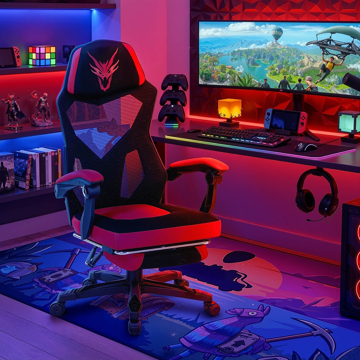 Fotel Gamingowy Obrotowy BING Czarny/Czerwony z Podnóżkiem Nowoczesny ME.BING/CZ/CZR/T/FO