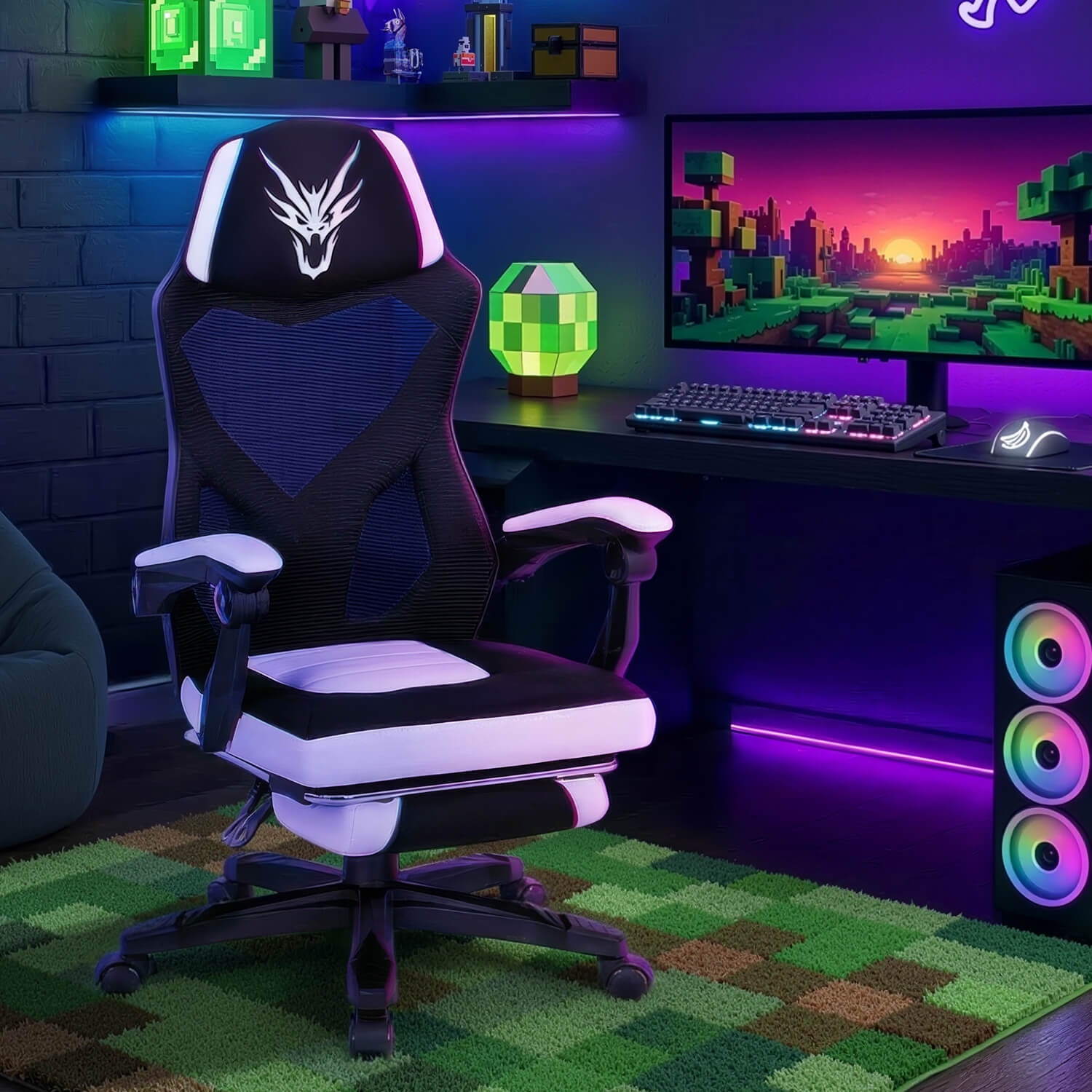 Fotel Gamingowy Obrotowy BING Czarny/Biały z Podnóżkiem Nowoczesny ME.BING/CZ/B/T/FO