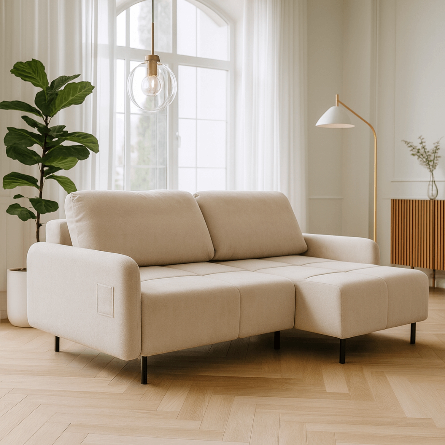 Narożnik z Funkcją Spania RENZO Rozkładany Prawostronny Jasnobeżowy KM.TIKO/GERRA80/NARP