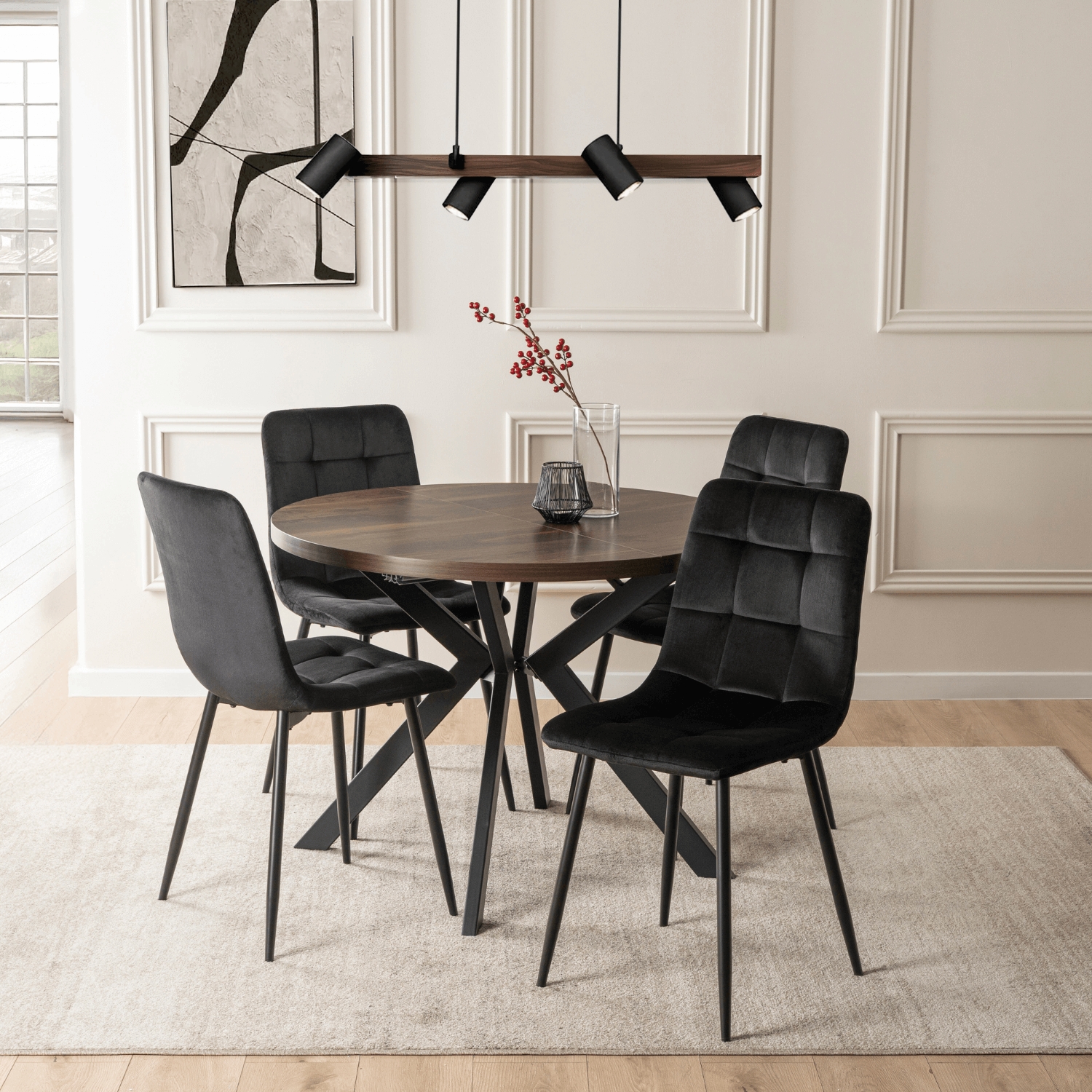 Zestaw Stół Okrągły Rozkładany LUKAS 100-250 cm Orzech/Czarny i 4 Krzesła Tapicerowane PERU Czarne Welurowe LUKAS/O/CZ/S/PERU/CZ/V/Z4/K