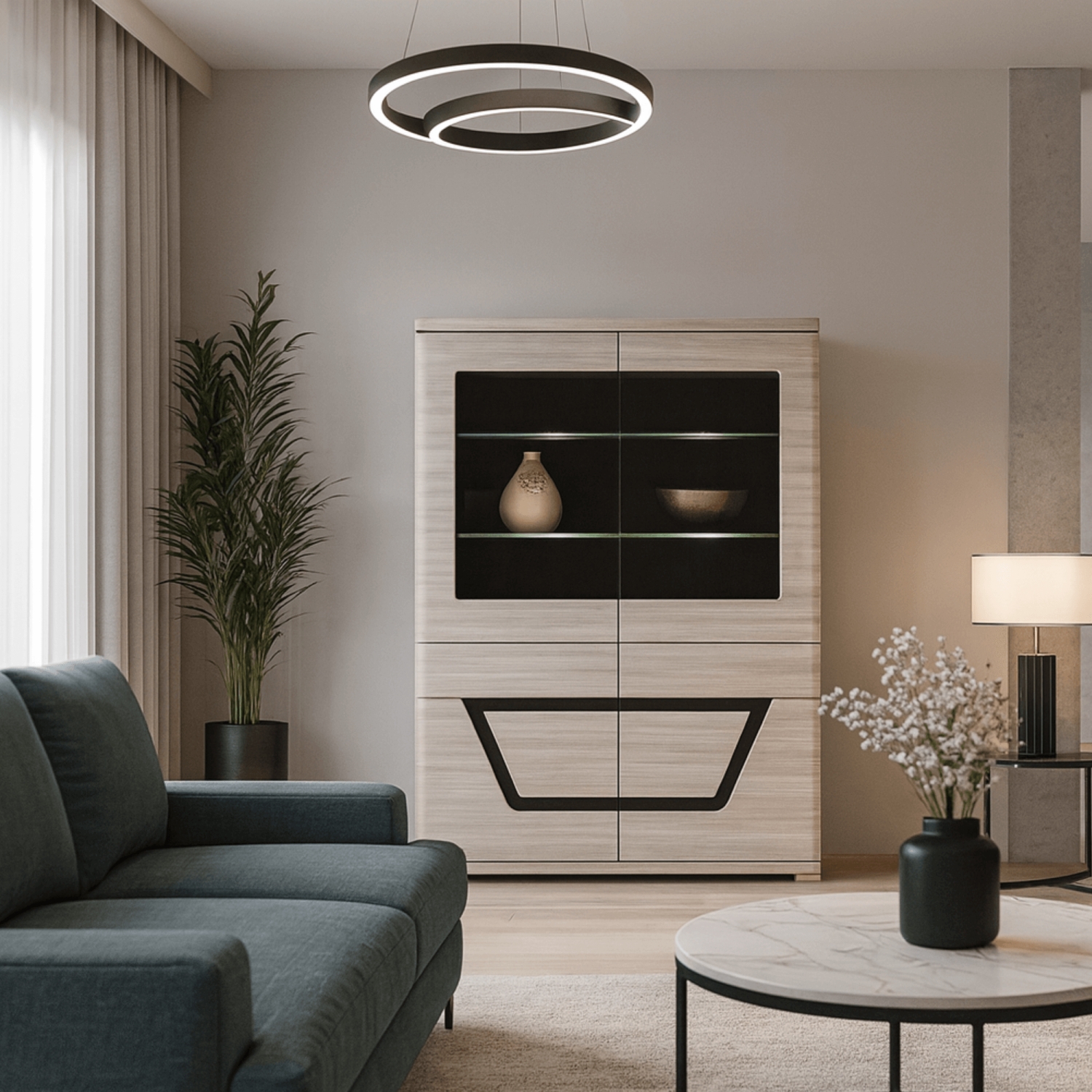 Witryna Przeszklona TES do Salonu Wiąz Mat/Czarny Nowoczesna W.TES/TS-03/MWZ/WIT/WYP