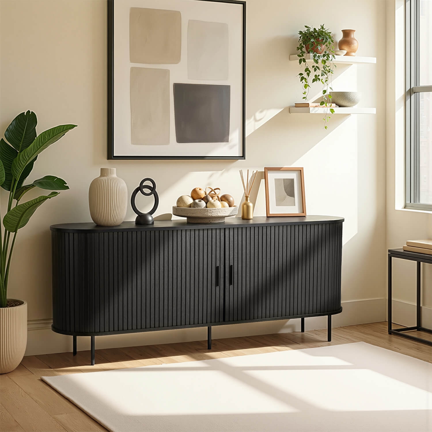 Komoda do Salonu Rozsuwana TRISH 180 cm Czarna Dwudrzwiowa Ryflowana Nowoczesna ME.TRISH/CZ/KOM180