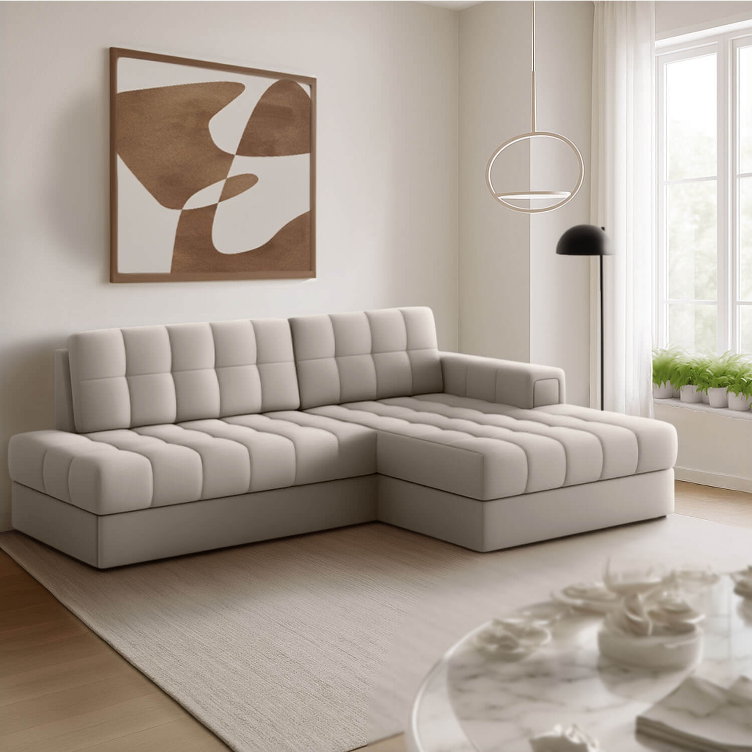 Narożnik z Funkcją Spania BLEZALT Rozkładany Prawostronny Chłodny Beż eltap.CO-BL-RT-18SO