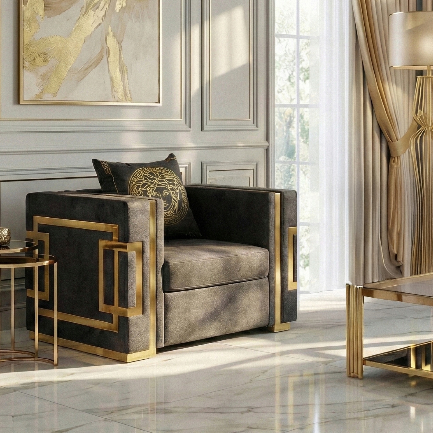 Fotel Wypoczynkowy PALLAZO 1S Czarny/Złoty Welurowy Nowoczesny Glamour ME.PALLAZO1S/CZ/ZL/V/FW