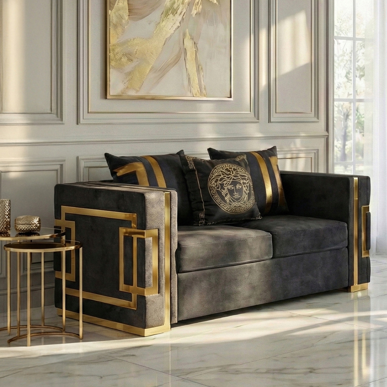 Sofa PALLAZO 2S Dwuosobowa Czarno/Złota Welurowa Nowoczesna Glamour ME.PALLAZO2S/CZ/ZL/V/SOF