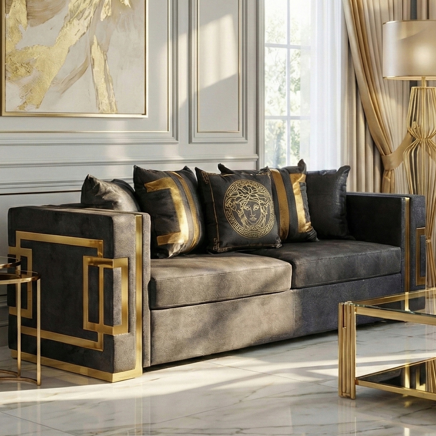 Sofa PALLAZO 3S Trzyosobowa Czarno/Złota Welurowa Nowoczesna Glamour ME.PALLAZO3S/CZ/ZL/V/SOF