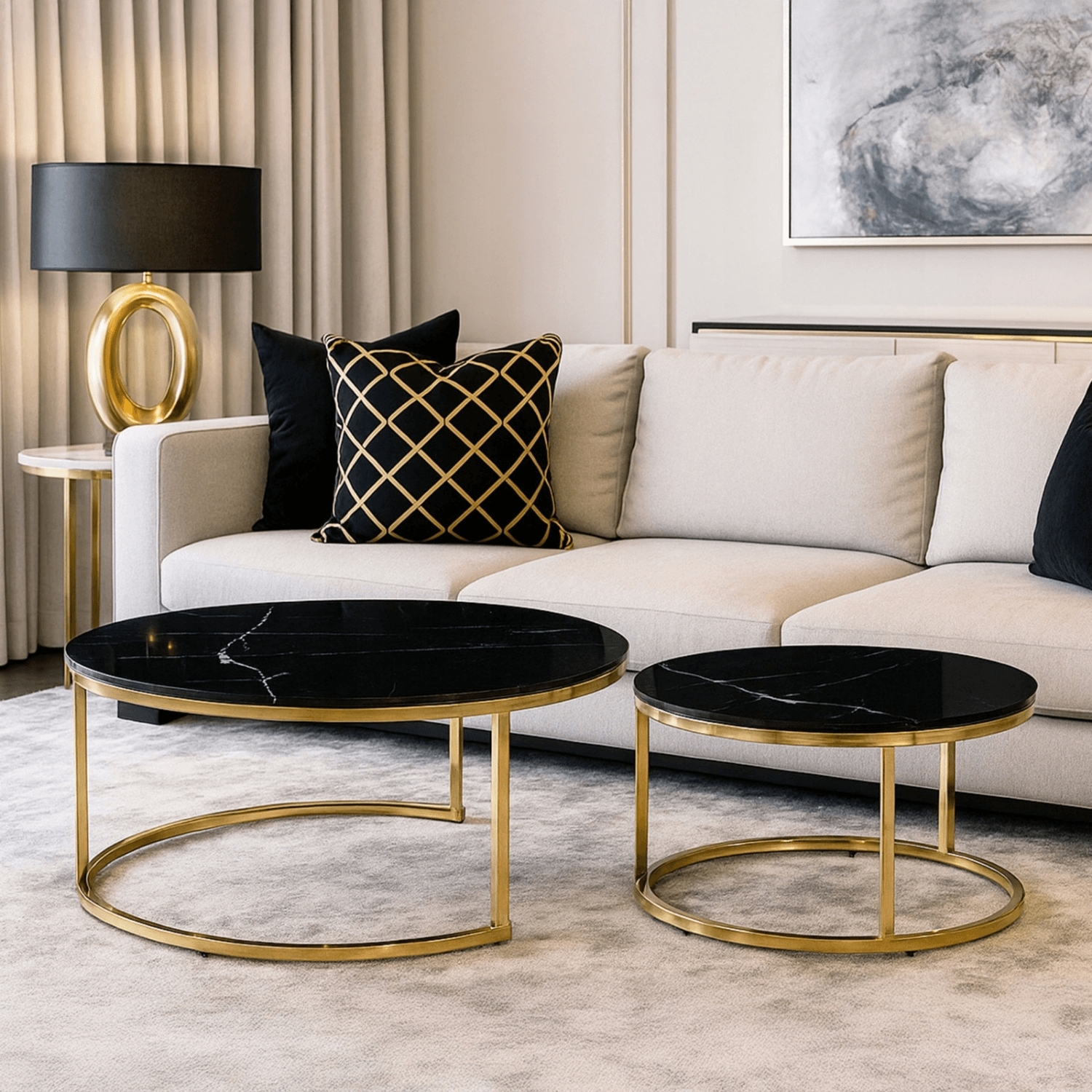 Zestaw Stolików Kawowych MILANO 60 cm/80 cm Czarny Marmur/Złoty Glamour ME.MILANO/CZZLM/ZL/L