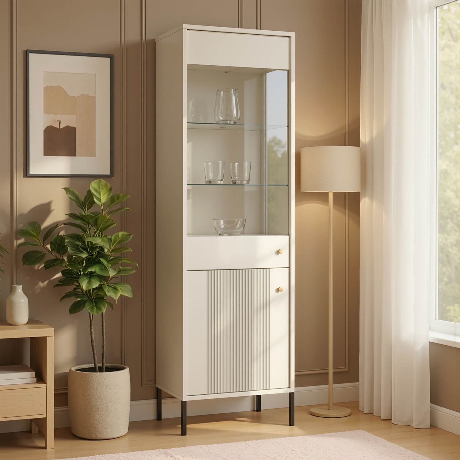 Witryna Przeszklona Wysoka SOFT Kaszmir Ryflowana Nowoczesna W.ISEO/KASZ/BZ/WIT