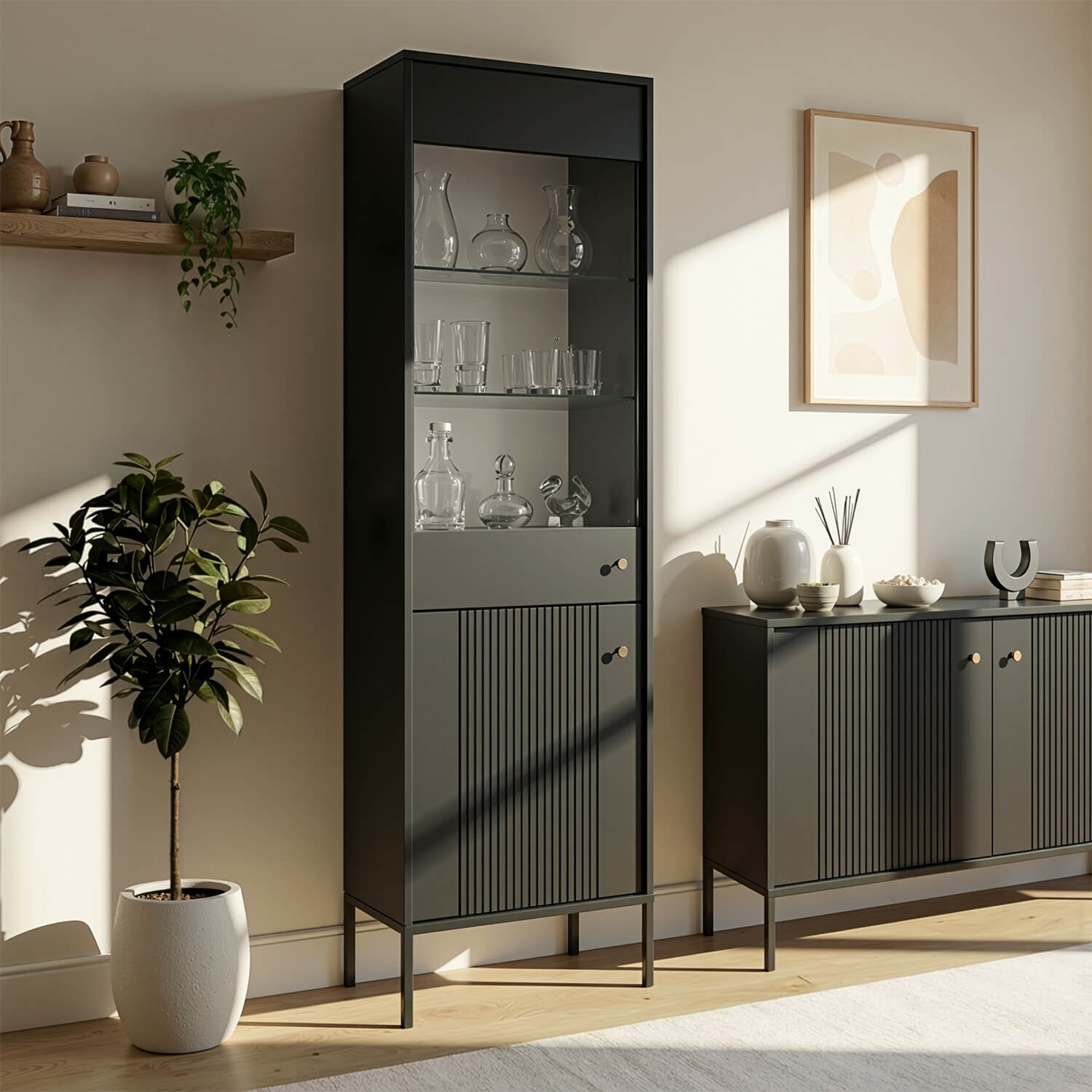 Witryna Przeszklona Wysoka SOFT Czarna Ryflowana Nowoczesna W.ISEO/CZ/WIT