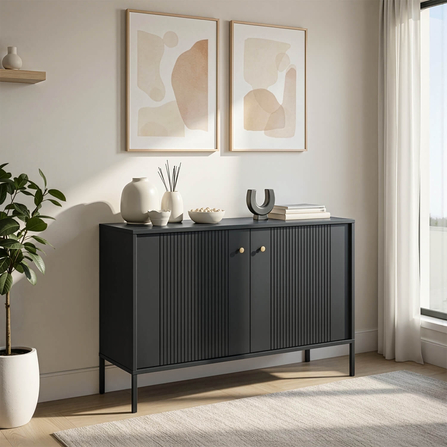 Komoda do Salonu Sypialni SOFT 104 cm Czarna Ryflowana Dwudrzwiowa Nowoczesna W.ISEO/CZ/KOM2D