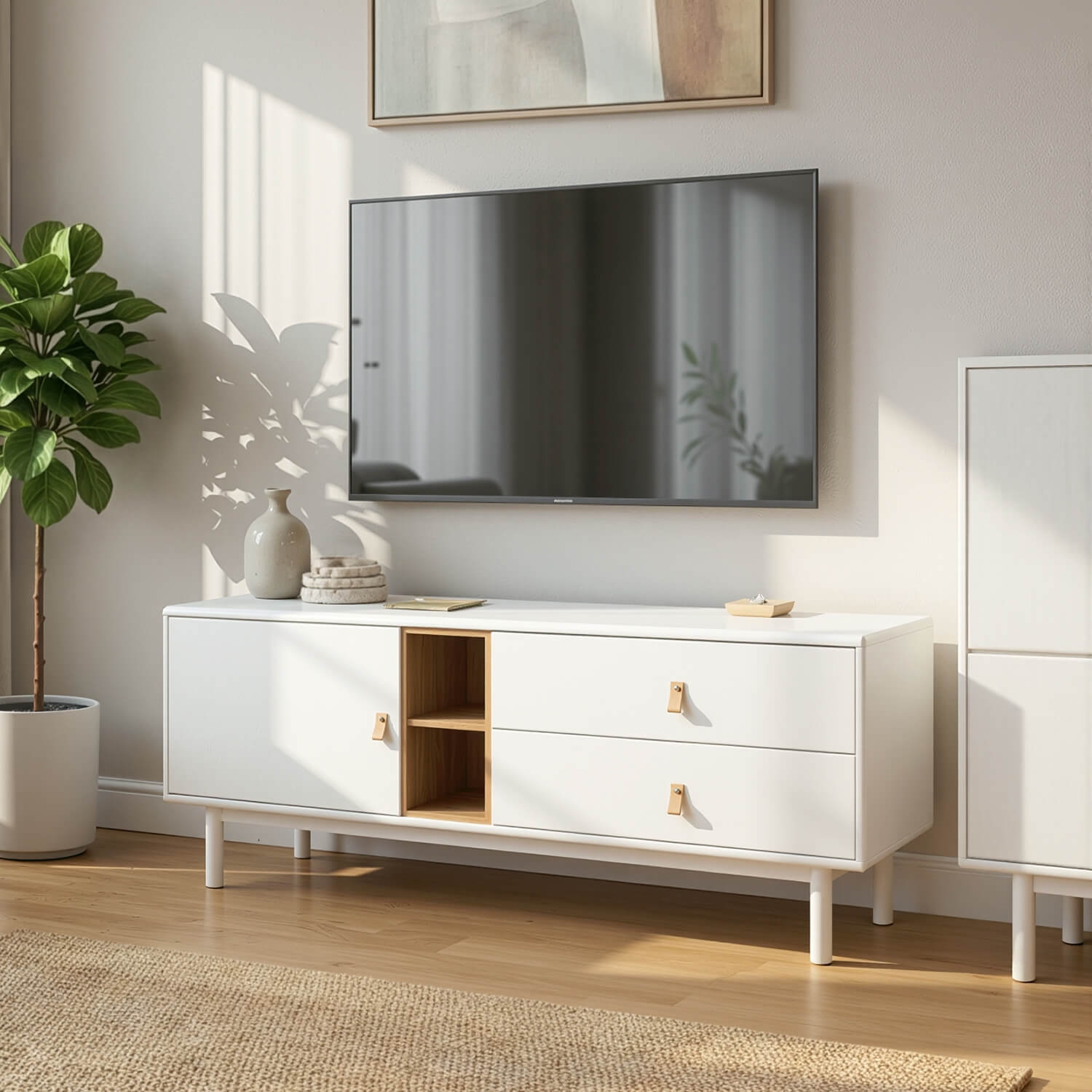 Szafka RTV do Salonu z Szufladami ARTI 140 cm Biała Skandynawska ME.ARTI/B/RTV
