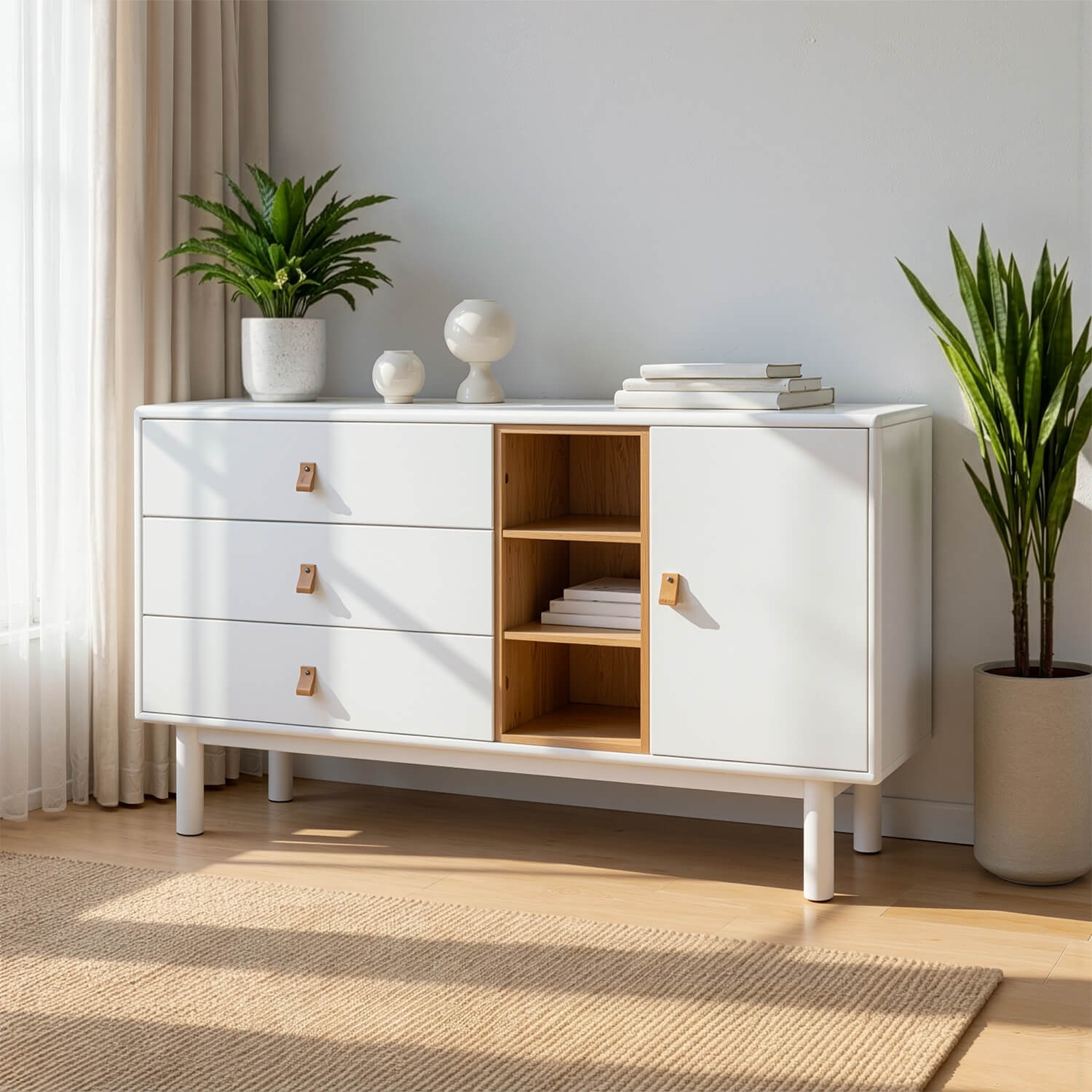 Komoda do Salonu CASTILLO 140 cm Biała z Szufladami i Półkami Skandynawska ME.CASTILLO/B/KOM