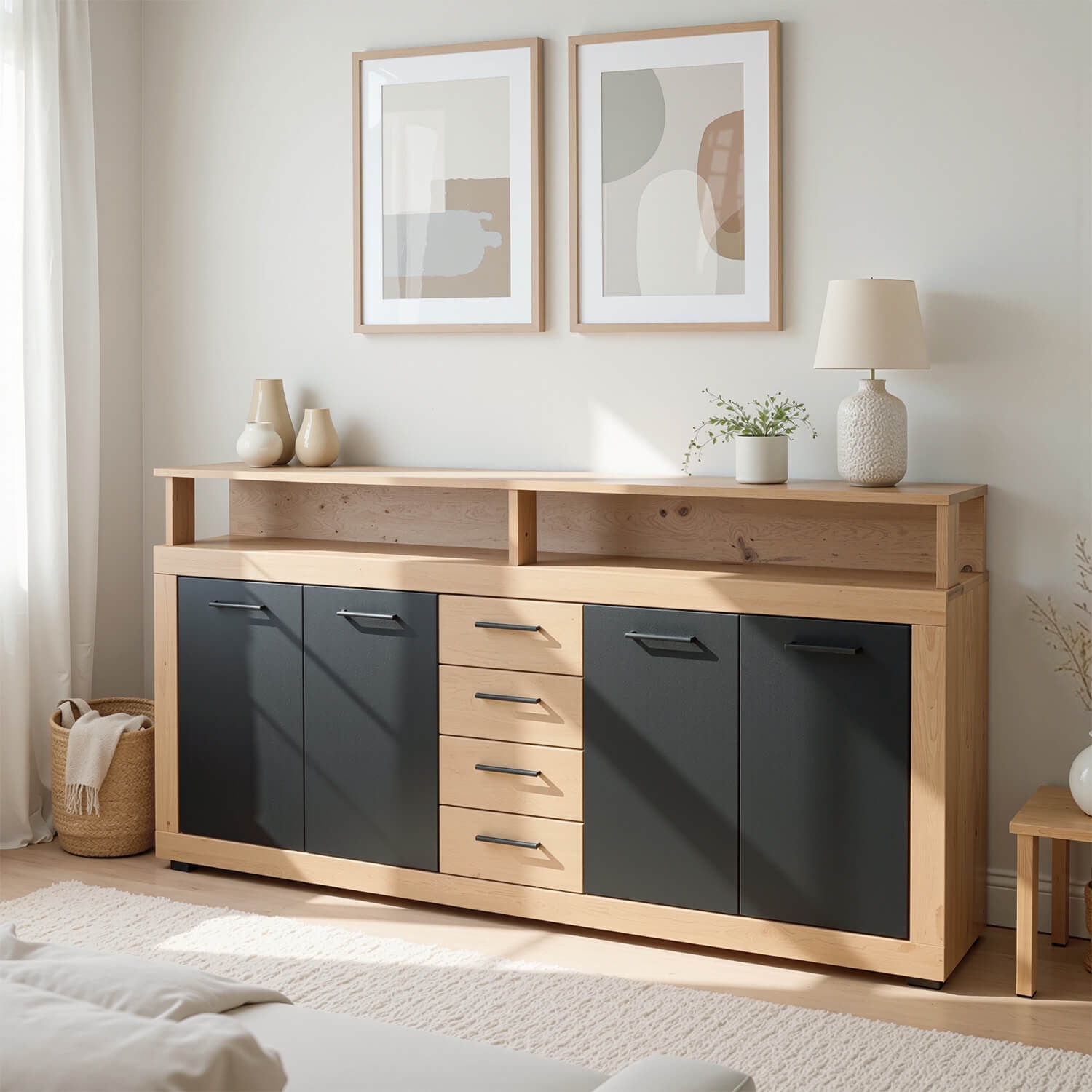 Komoda Czterodrzwiowa z Szufladami BLAGO 190 cm Dąb Artisan/Czarny Nowoczesna Loft W.LUNA/DA/CZ/KOM4D4S