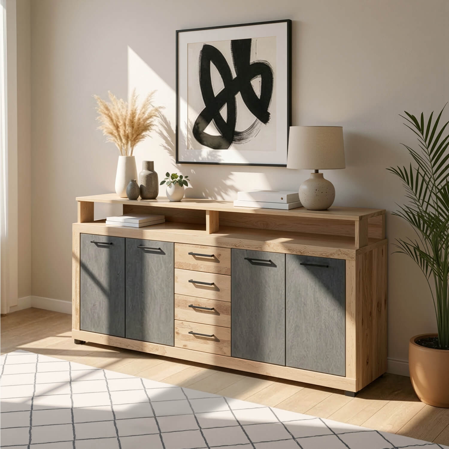 Komoda Czterodrzwiowa BLAGO 190 cm Surowy Dąb/Czarny Loft W.LUNA/OSL/MA/KOM4D4S