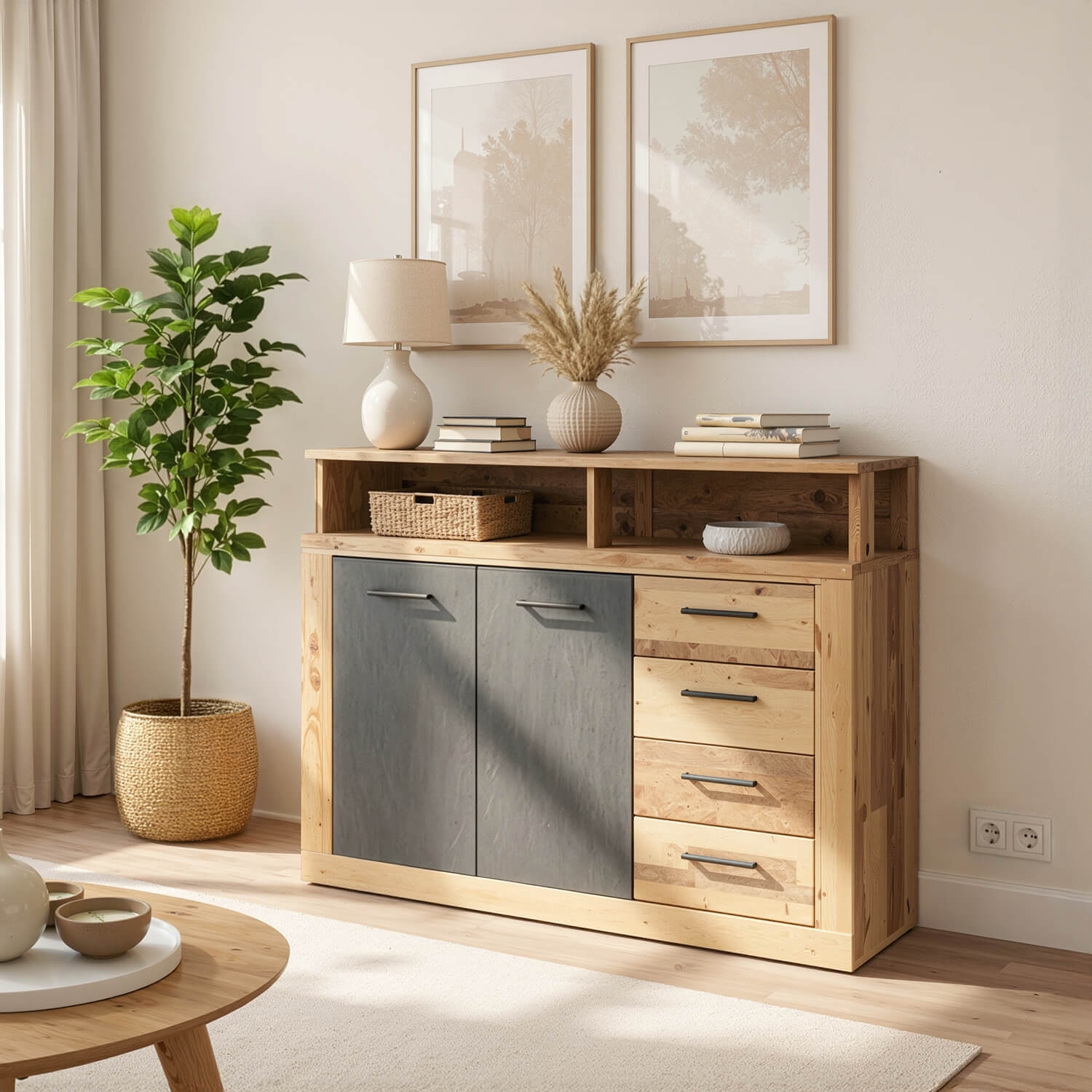 Komoda Dwudrzwiowa z Szufladami BLAGO MIDI A 119,6 cm Surowy Dąb/Czarny Loft W.LUNA/MIDIA/OSL/MA/KOM2D4S