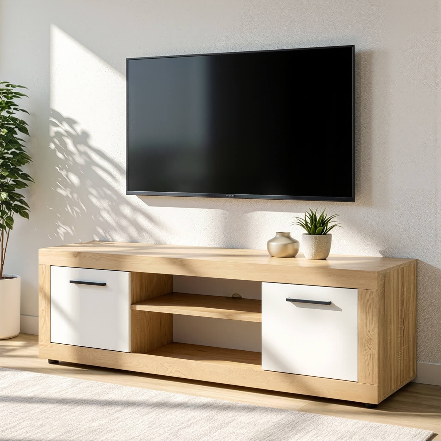 Szafka RTV BLAGO 140 cm Dąb Sonoma/Biały Dwudrzwiowa do Salonu Skandynawska W.LUNA/DS/B/RTV2D