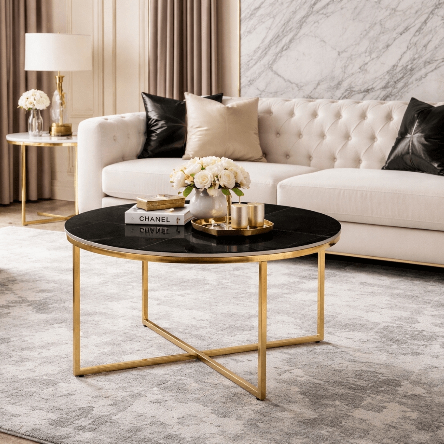 Stolik Kawowy Ceramiczny MARINE 80 cm Czarny Marmur Mat/Złoty Nowoczesny Glamour ME.MARINE/CZMAT/ZL/L