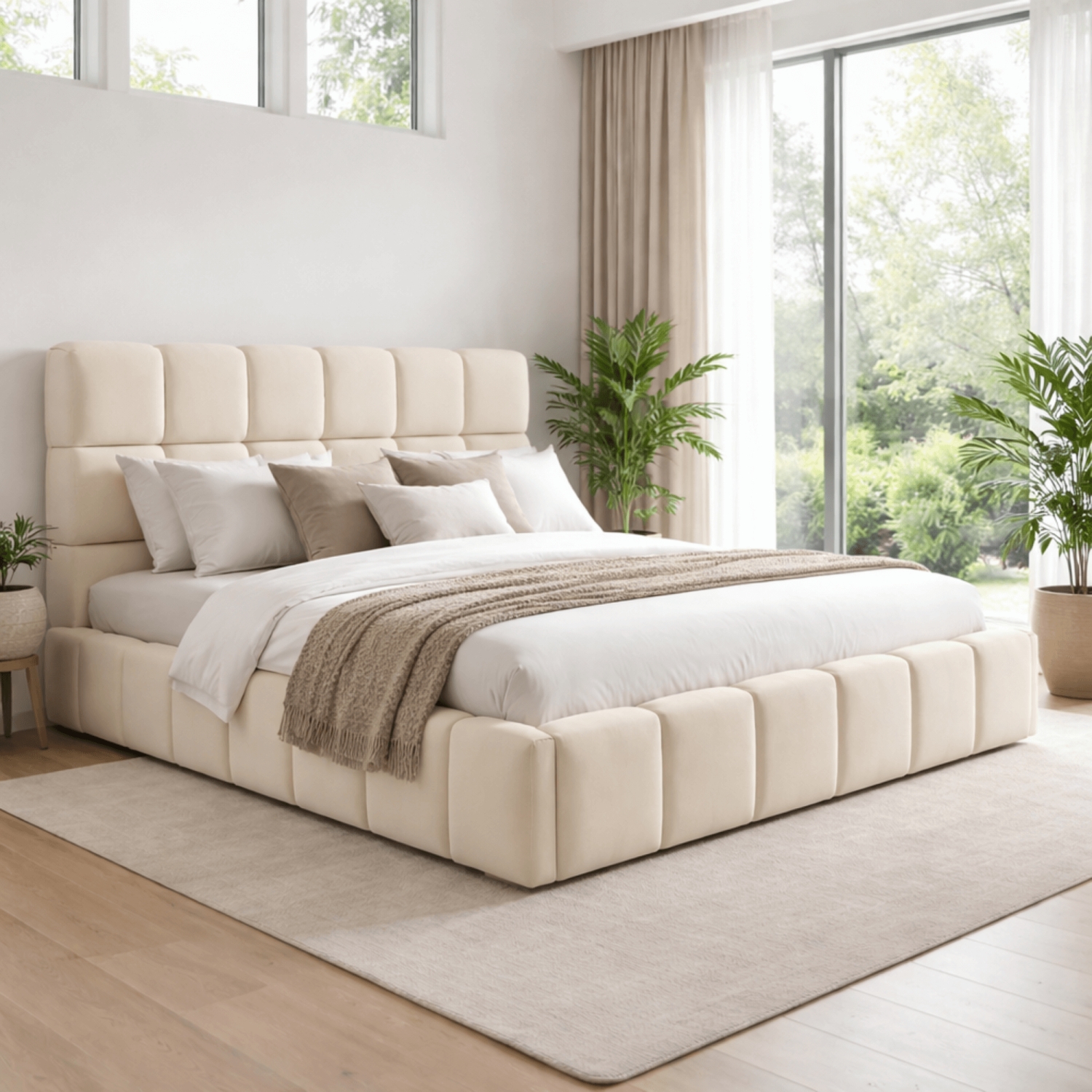 Łóżko Tapicerowane 160x200 cm MURCJA ze Stelażem i Pojemnikiem Dwuosobowe Welurowe Kremowe ME.MURCJA/160/KR/V/LOZZPOJ