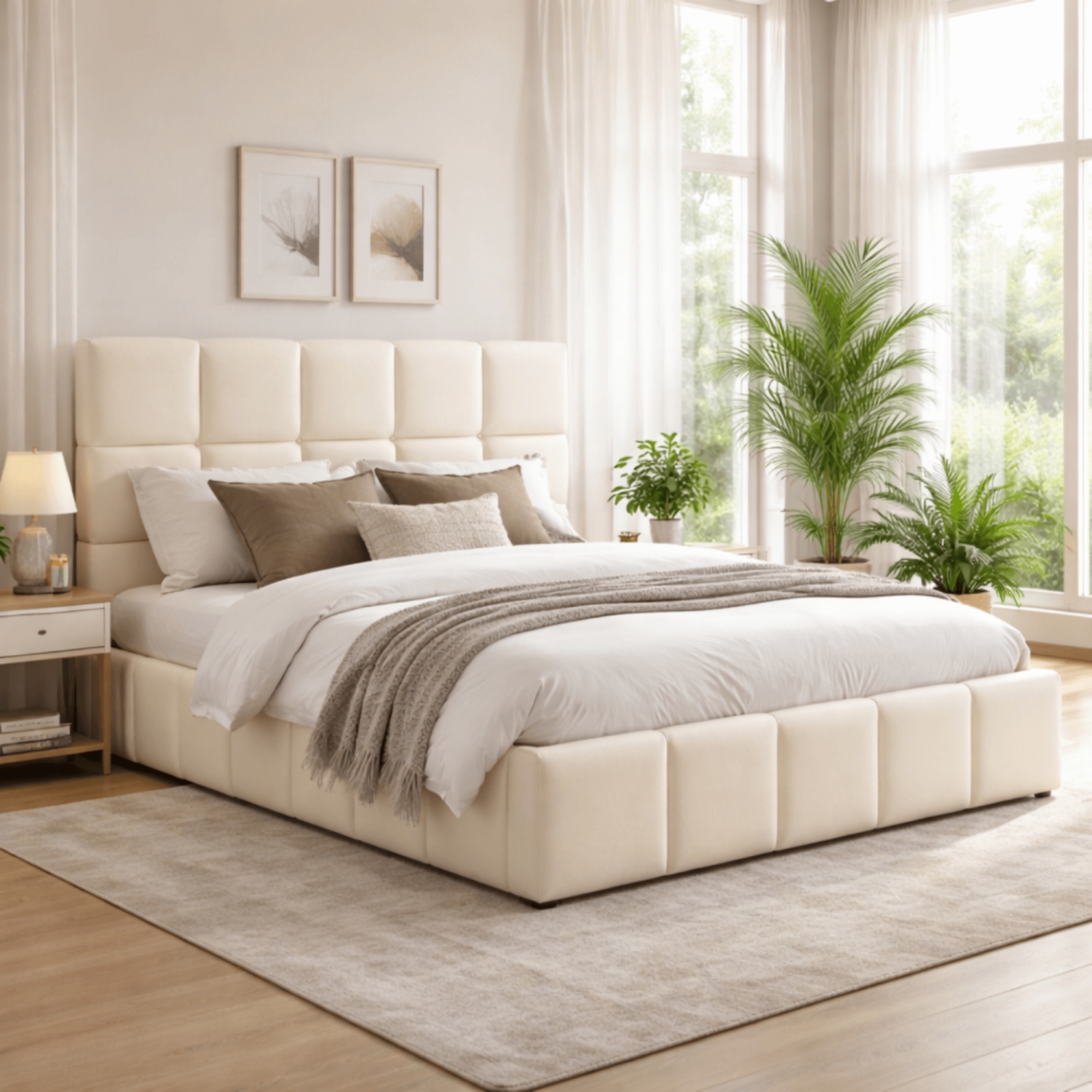 Łóżko Tapicerowane 140x200 cm MURCJA ze Stelażem i Pojemnikiem Dwuosobowe Welurowe Kremowe ME.MURCJA/140/KR/V/LOZZPOJ