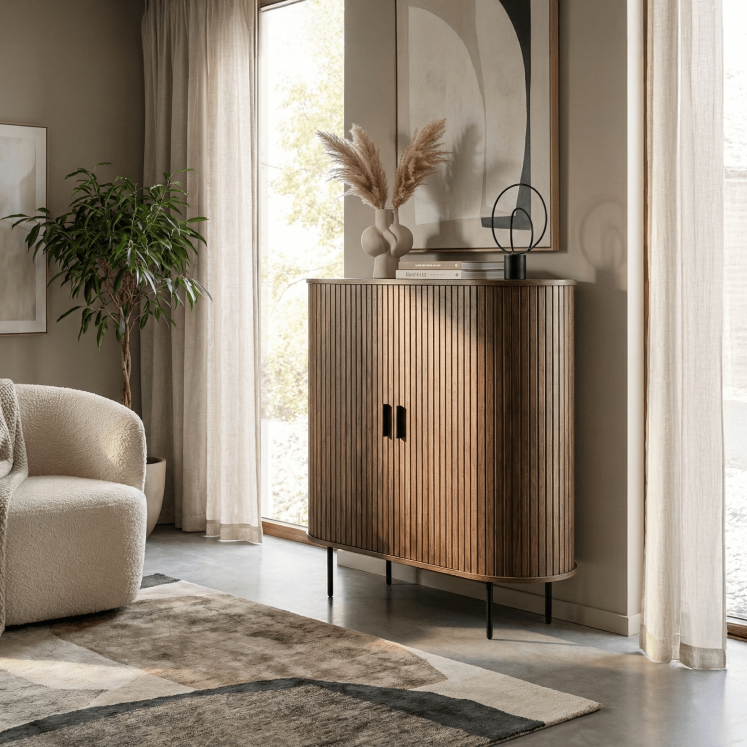 Komoda Wysoka Rozsuwana TRISH 100 cm Orzech Dwudrzwiowa Ryflowana Nowoczesna ME.TRISH/O/KOM100